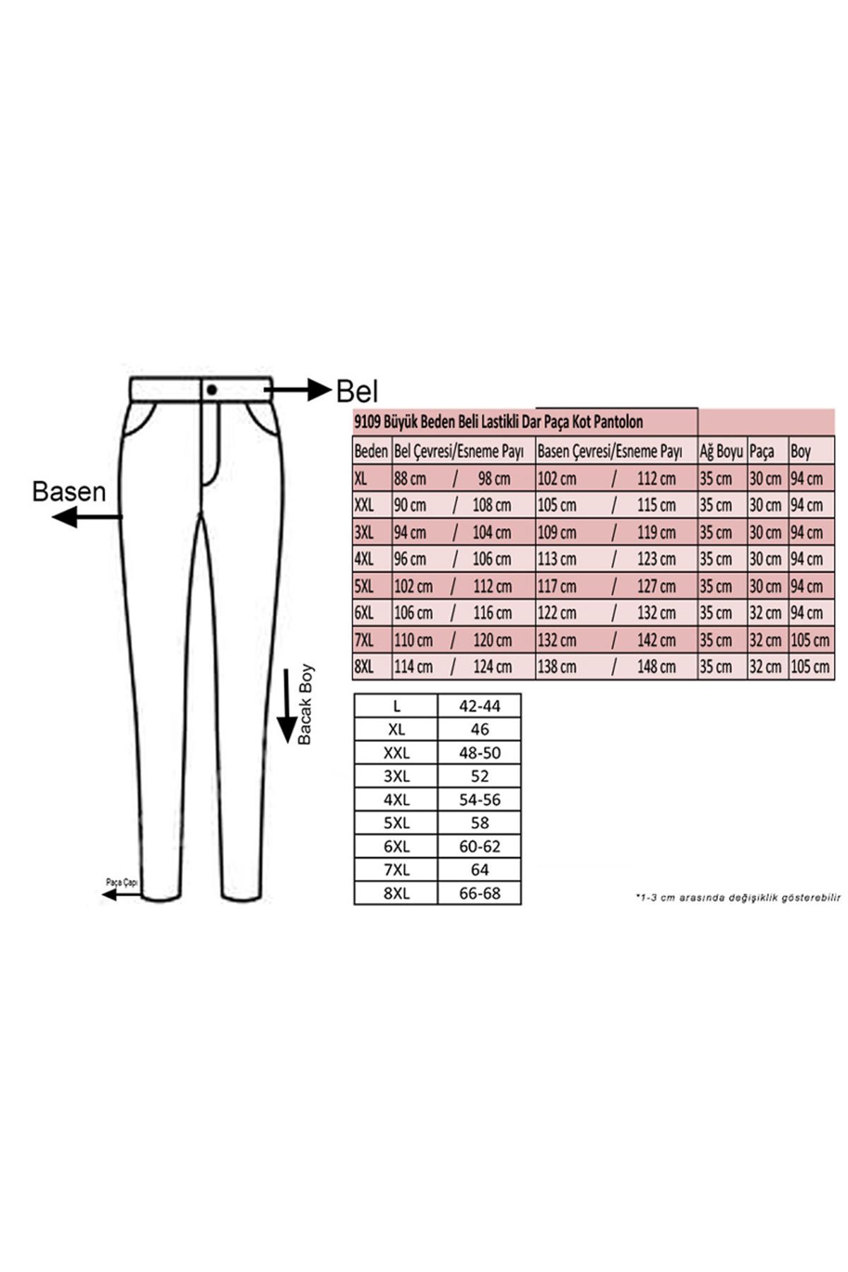 9109-5 Büyük Beden Beli Lastikli Dar Paça Taşlanmış Kot Pantalon-Açık Mavi