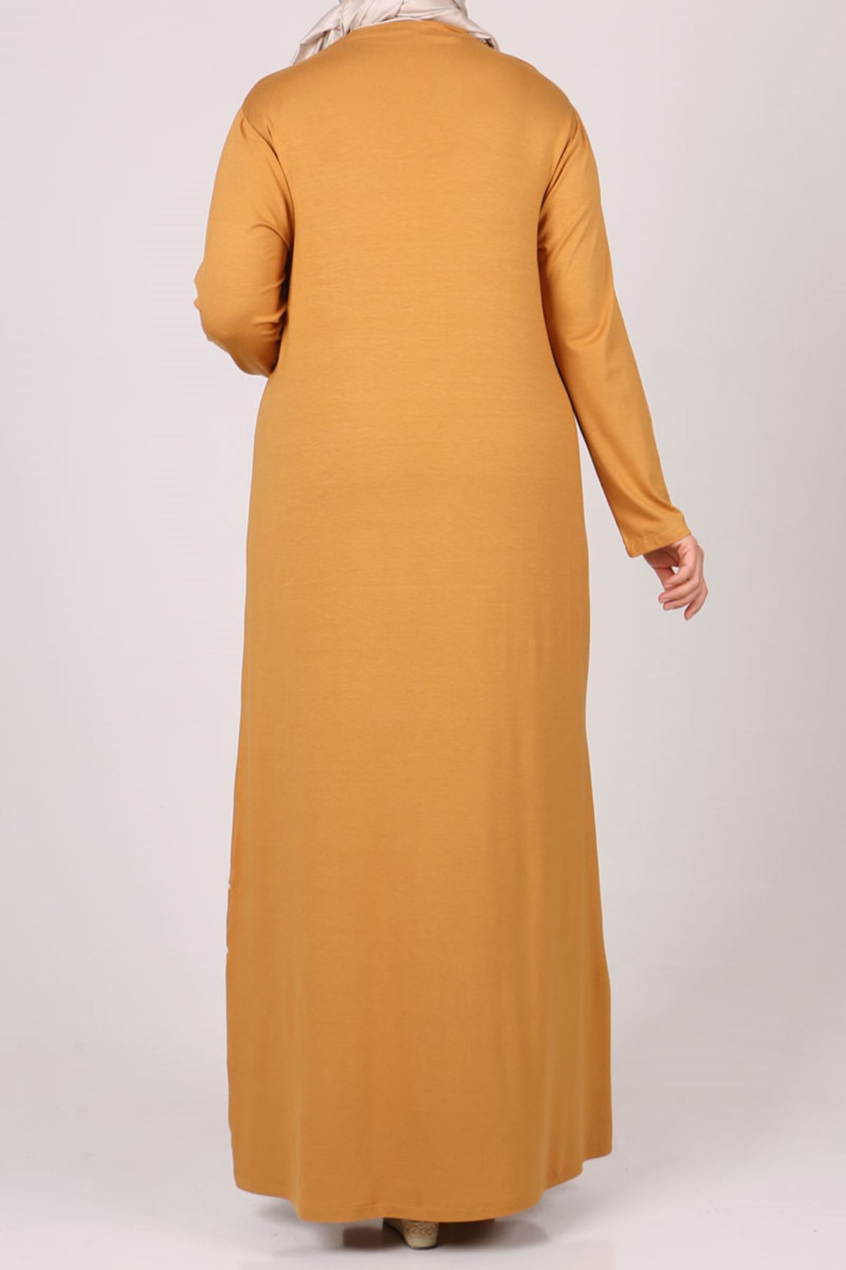 22009 Büyük Beden Biyeli Penye Elbise - Safran