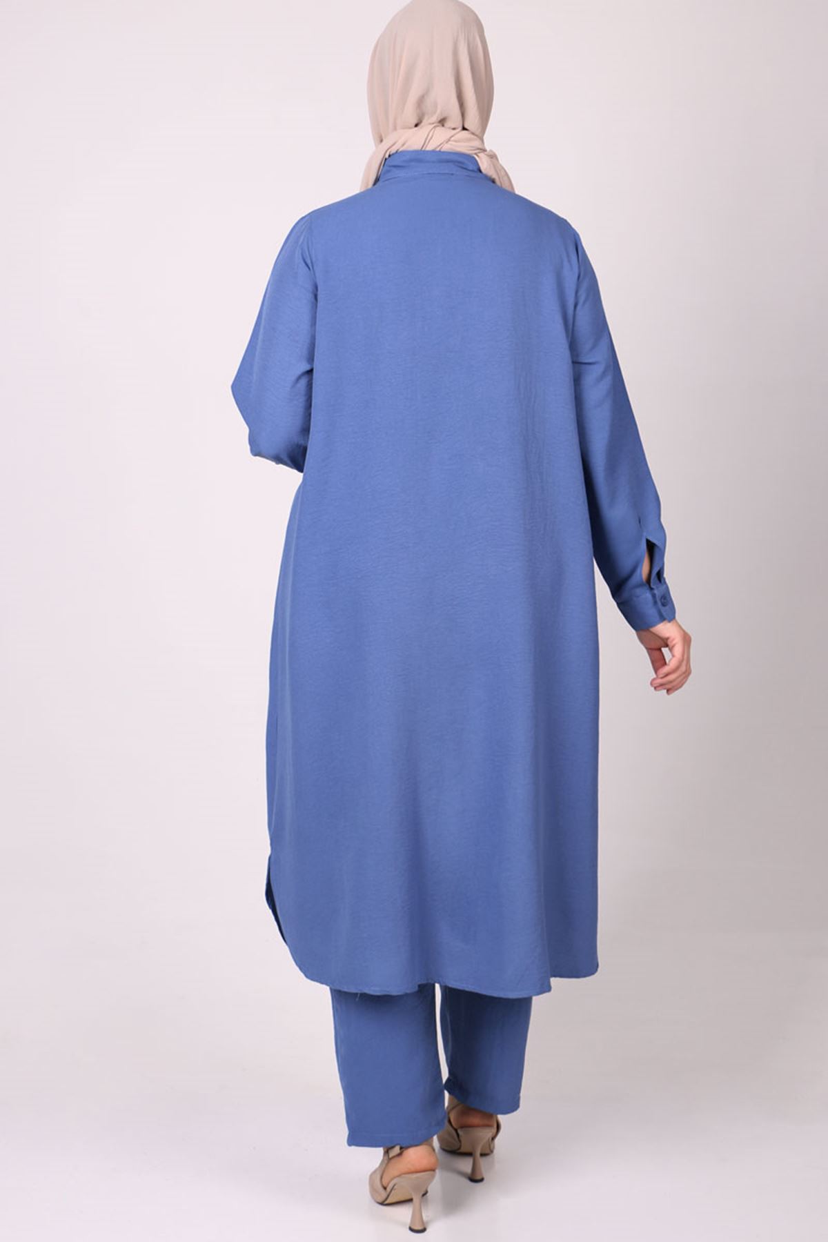 1038 Büyük Beden Mucize Pantolonlu Takım - Mavi