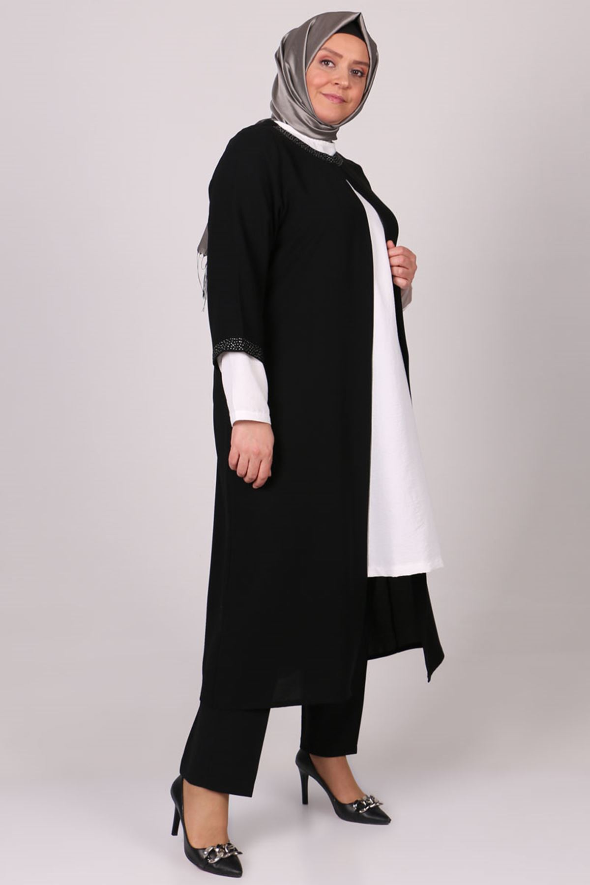 1039 Büyük Beden Duble Krep Ceket-Tunik İkili Takım - Siyah