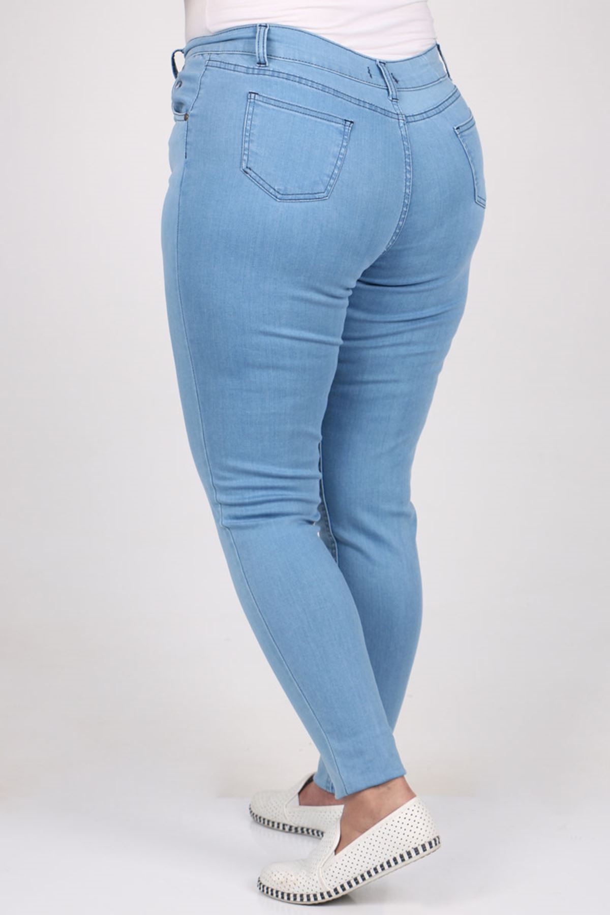 9183-1 Büyük Beden Dar Paça Uzun Boy Kot Pantolon - Buz Mavi