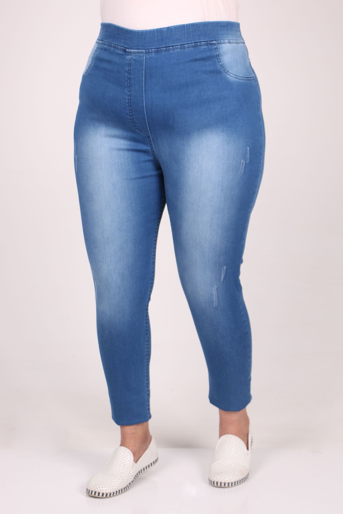9184-4 Büyük Beden Beli Lastikli Taşlı Tırnaklı  Dar Paça Kot Pantolon - Mavi