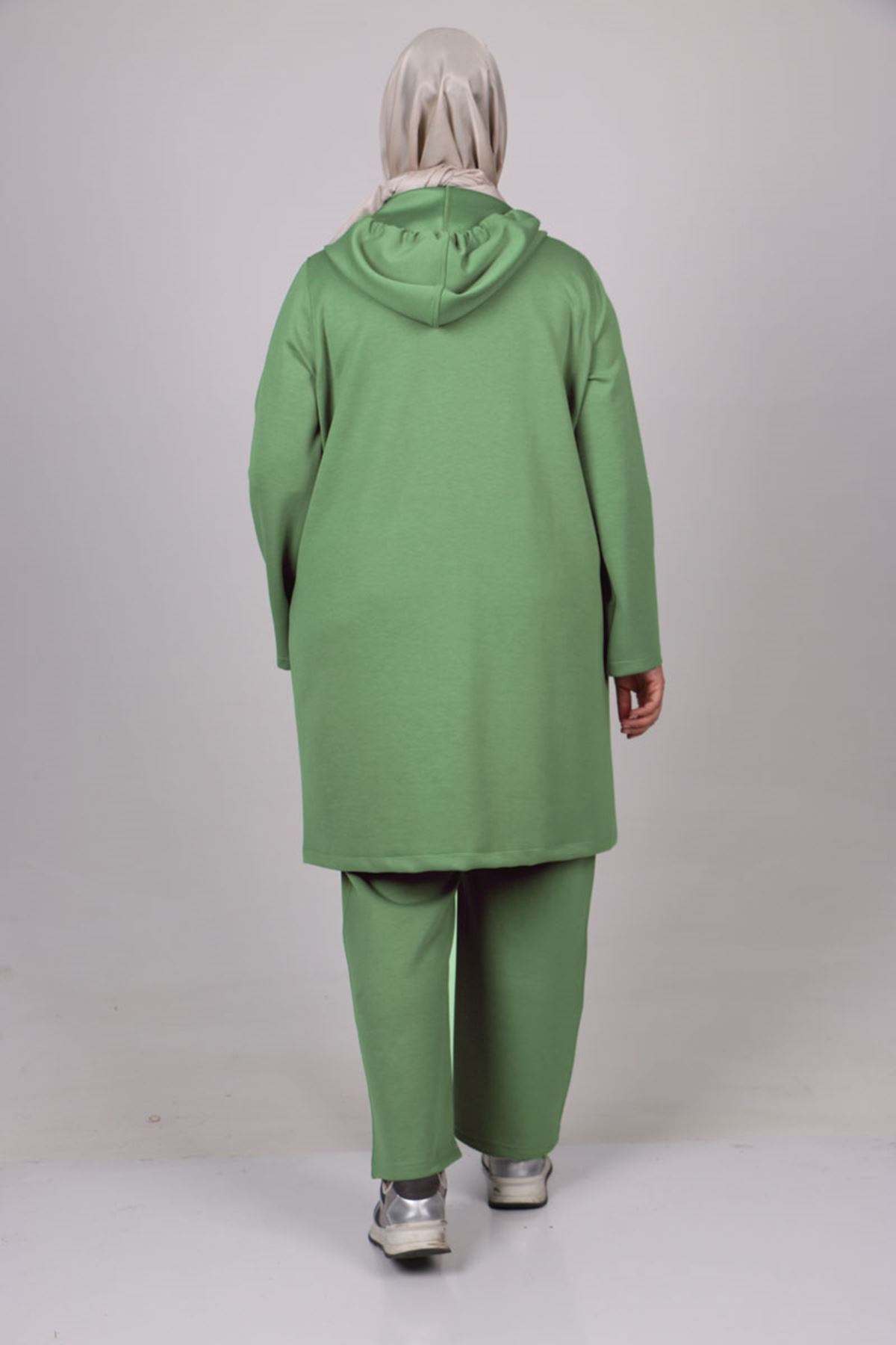 27043 Büyük Beden Kapüşonlu Modal Pantolonlu Takım-Su Yeşili
