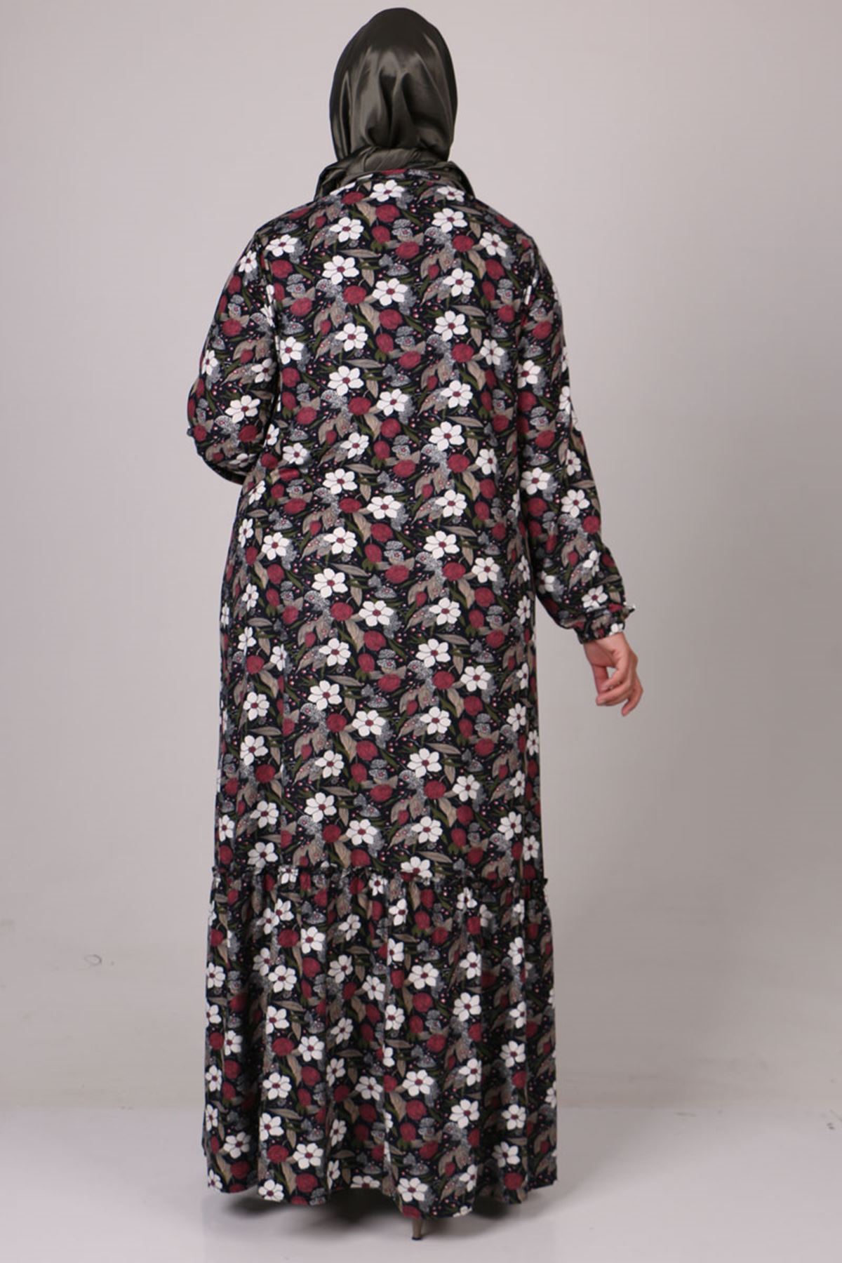 22030 Büyük Beden Süet Fırfırlı Elbise-Çiçek Desenli