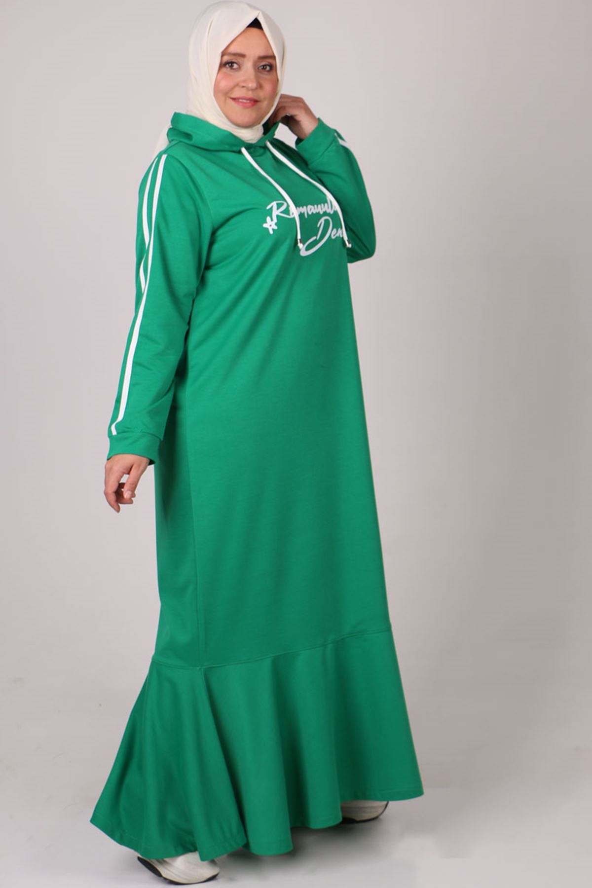 22033 Büyük Beden Kapüşonlu İki İplik Elbise - Benetton Yeşili