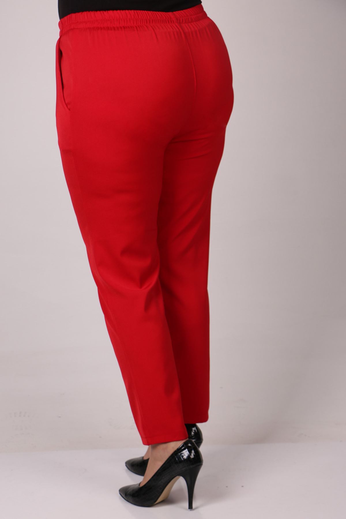 29020 Büyük Beden Beli Lastikli Boru Paça En Boy Pantolon - Kırmızı
