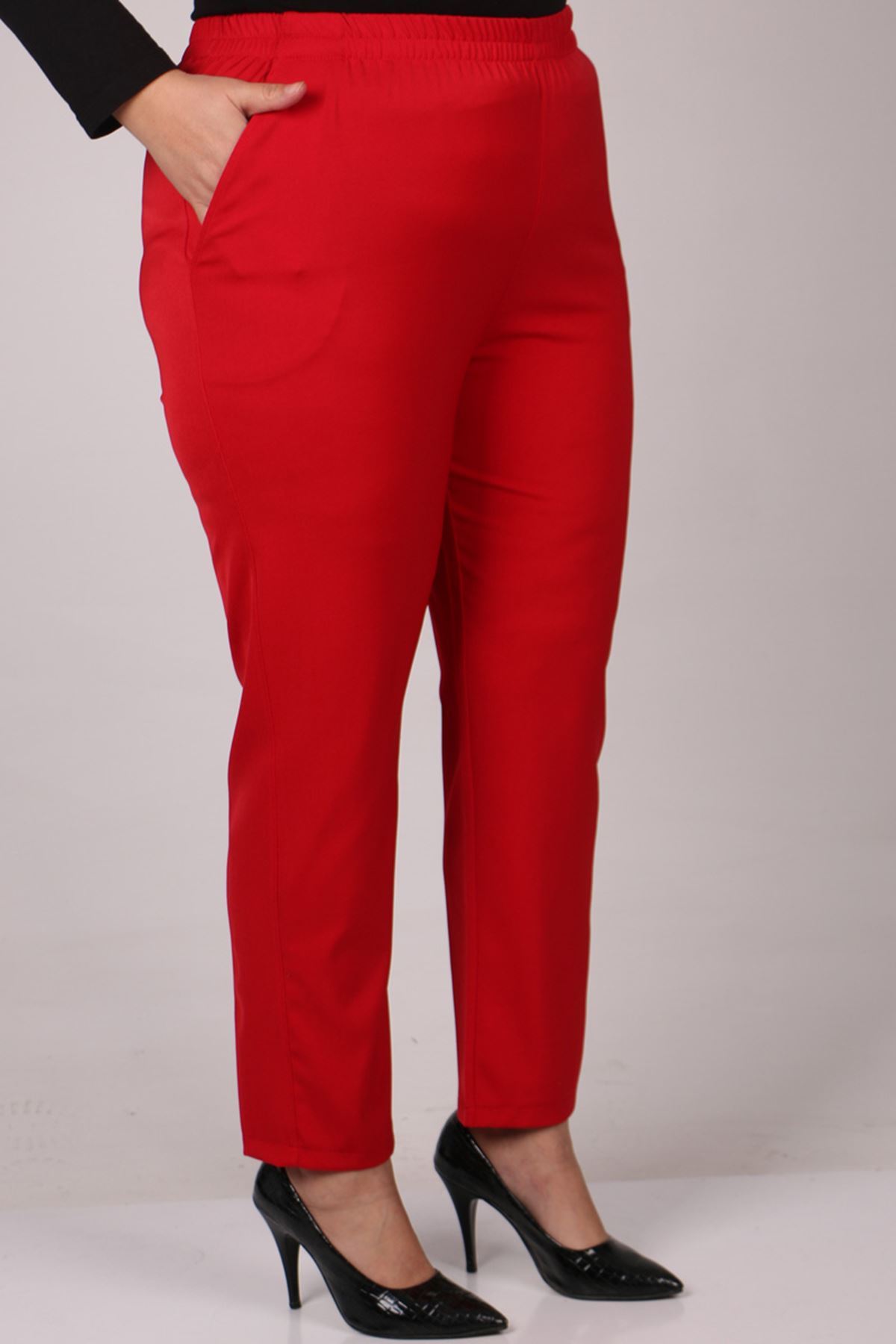 29020 Büyük Beden Beli Lastikli Boru Paça En Boy Likra Pantolon - Kırmızı