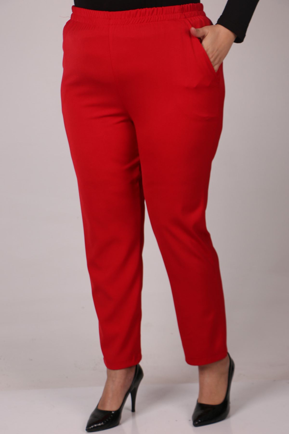29020 Büyük Beden Beli Lastikli Boru Paça En Boy Likra Pantolon - Kırmızı