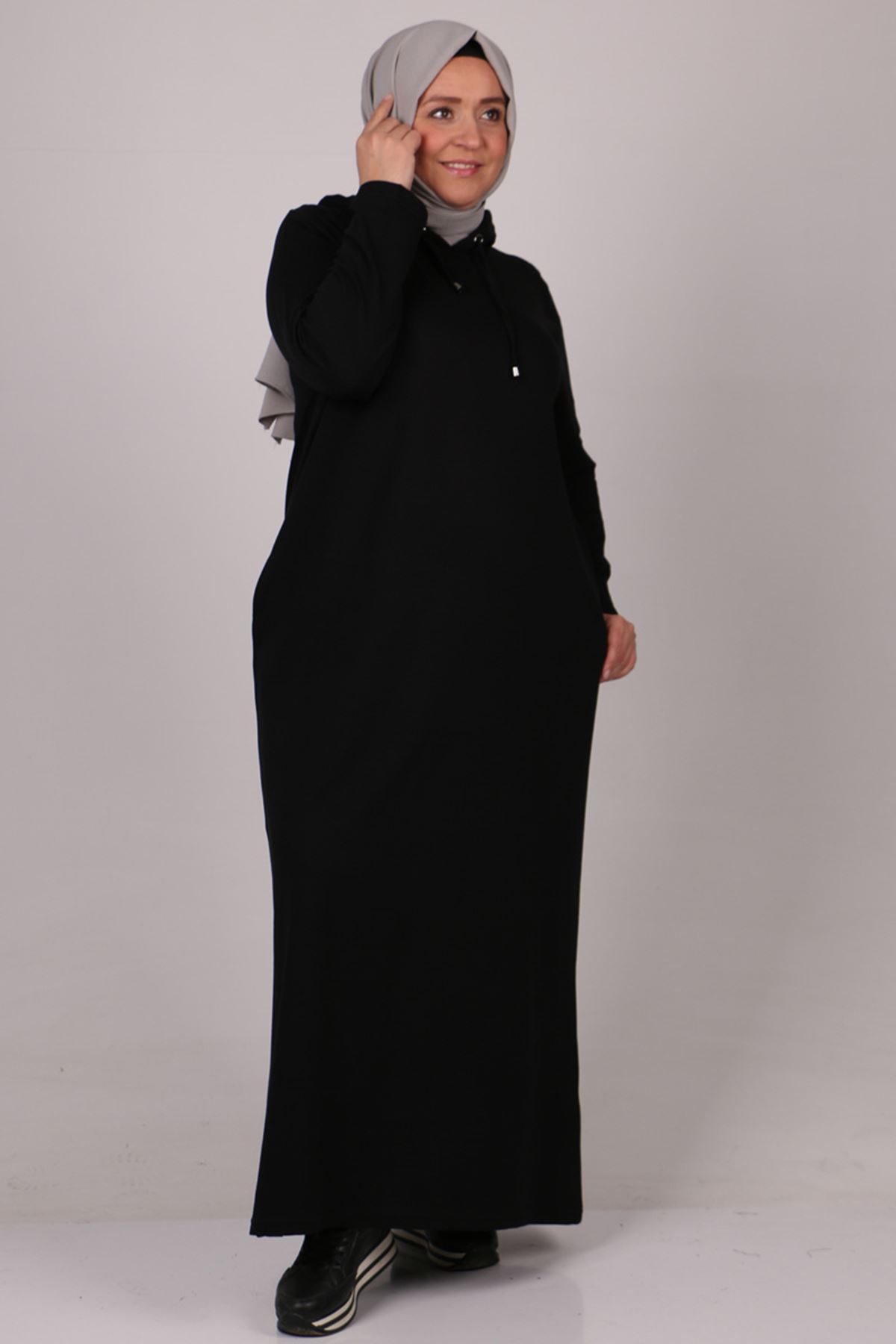 22035 Büyük Beden Basic Kapüşonlu İki İplik Elbise - Siyah