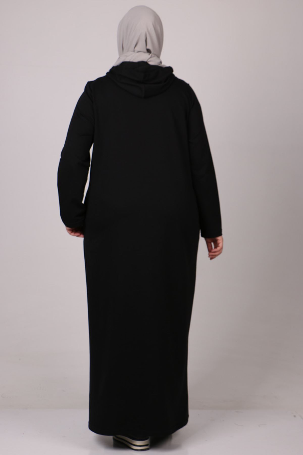 22035 Büyük Beden Basic Kapüşonlu İki İplik Elbise - Siyah