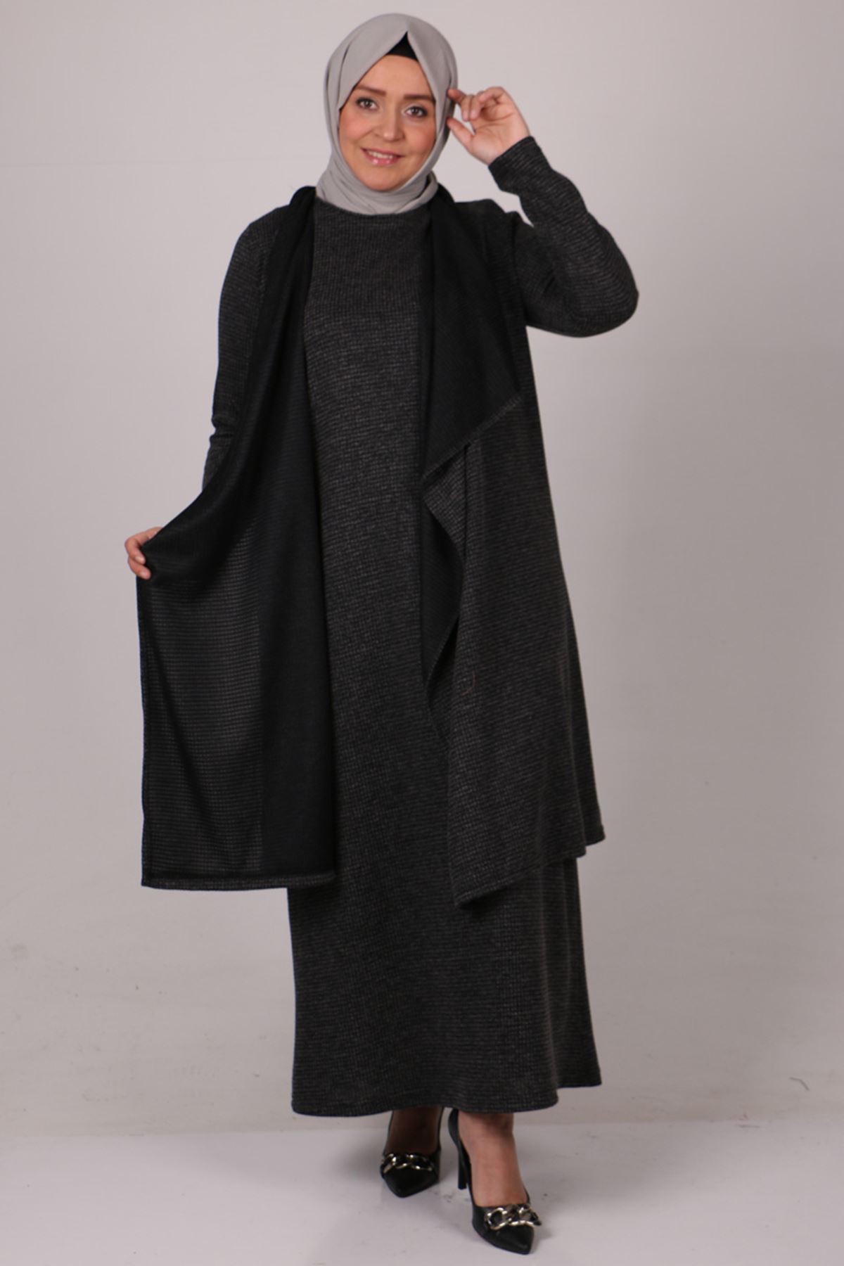 27205 Büyük Beden Ceketli Takım Triko Elbise-Siyah
