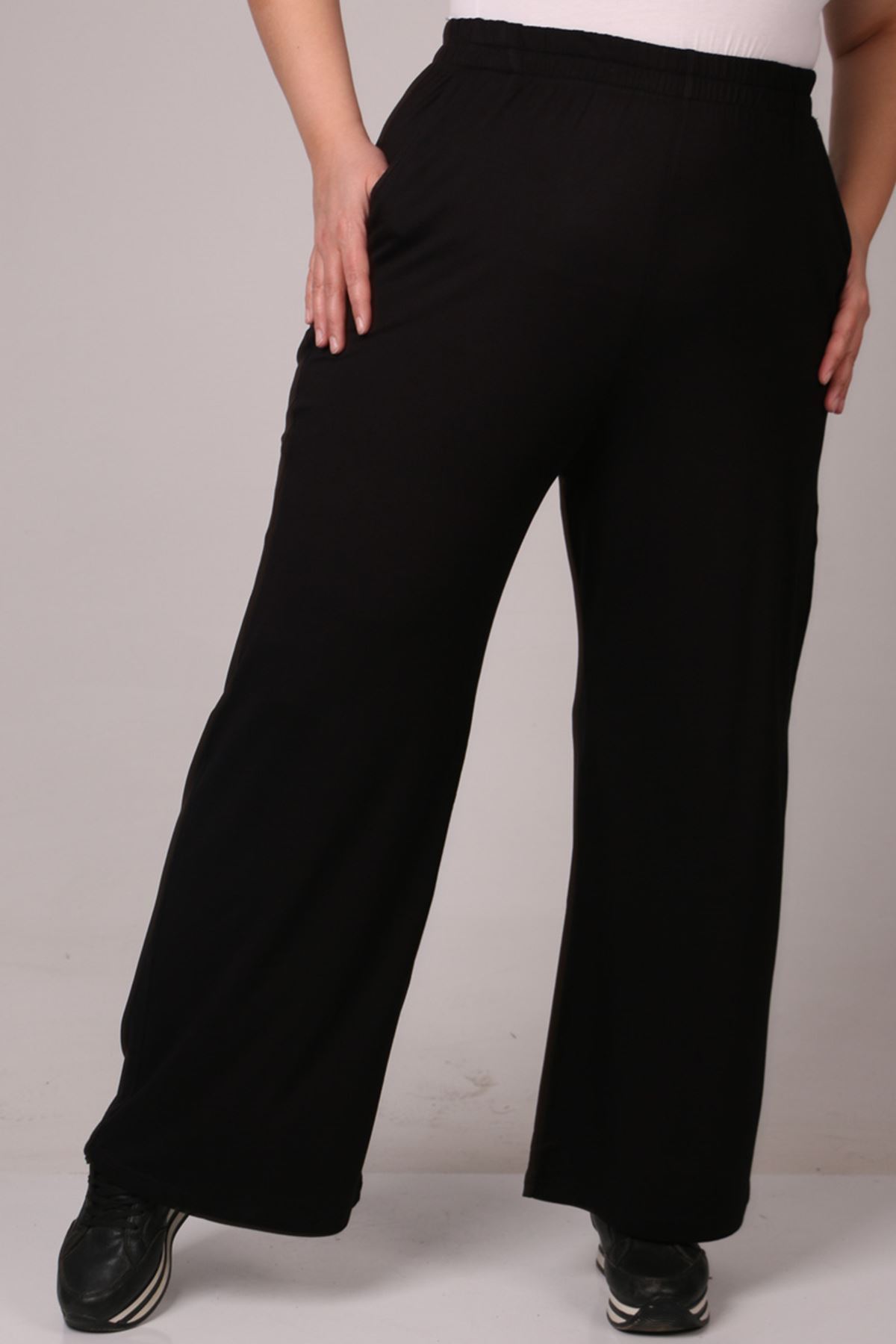 39000 Büyük Beden Yüksek Beli Lastikli Bol Paça Penye Pantolon - Siyah