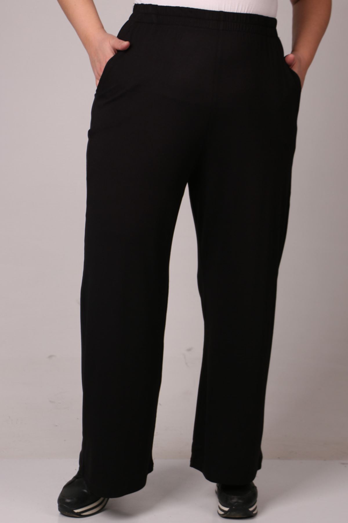 39000 Büyük Beden Yüksek Beli Lastikli Bol Paça Penye Pantolon - Siyah