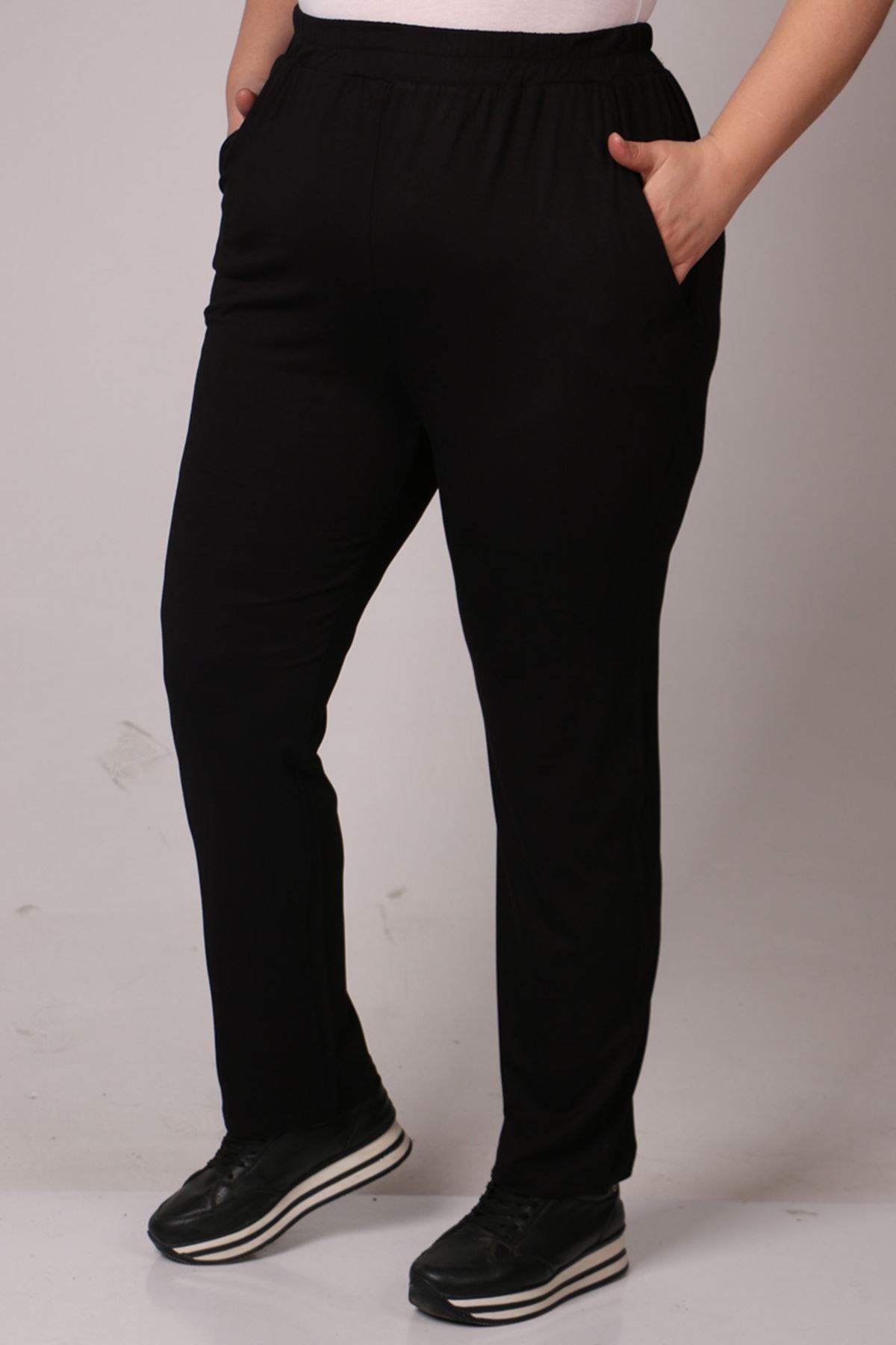 39001 Büyük Beden Yüksek Beli Lastikli Penye Pantolon - Siyah
