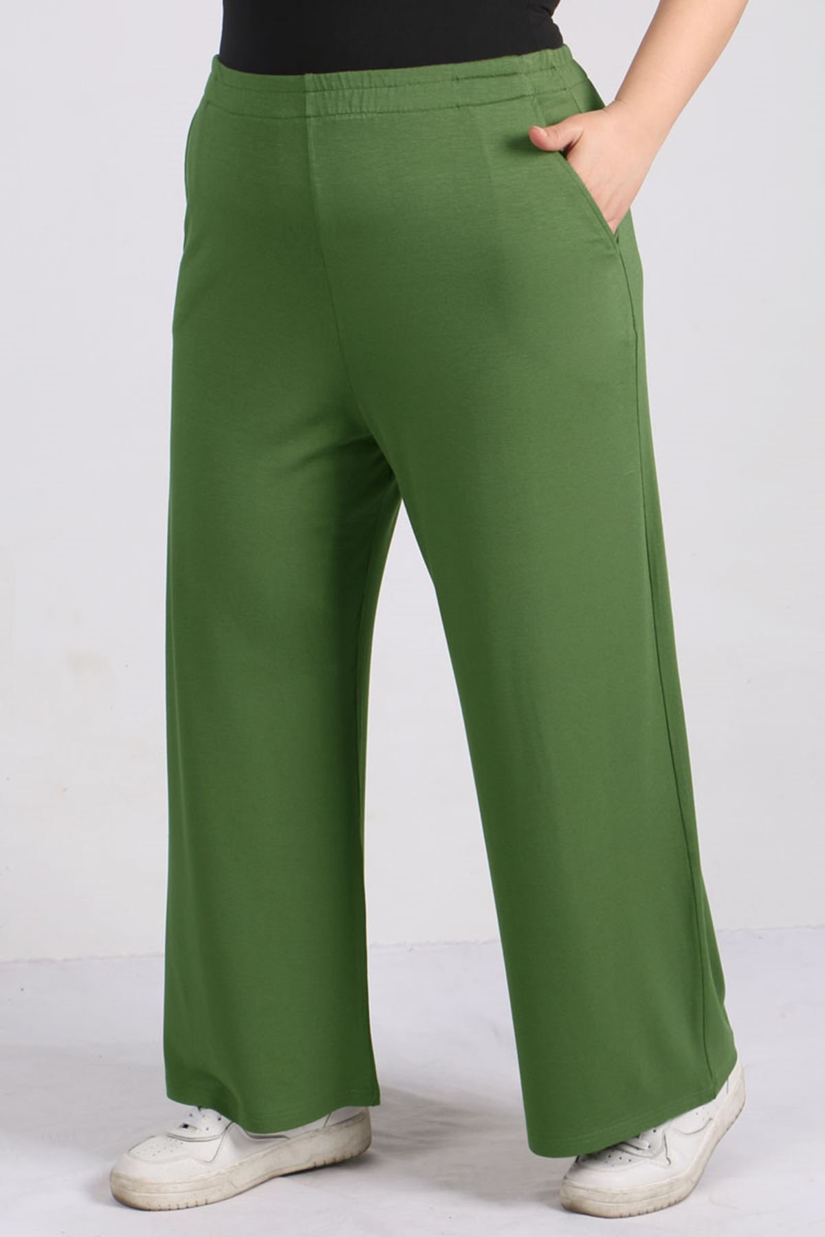 39000 Büyük Beden Yüksek Beli Lastikli Penye Pantolon -Yeşil
