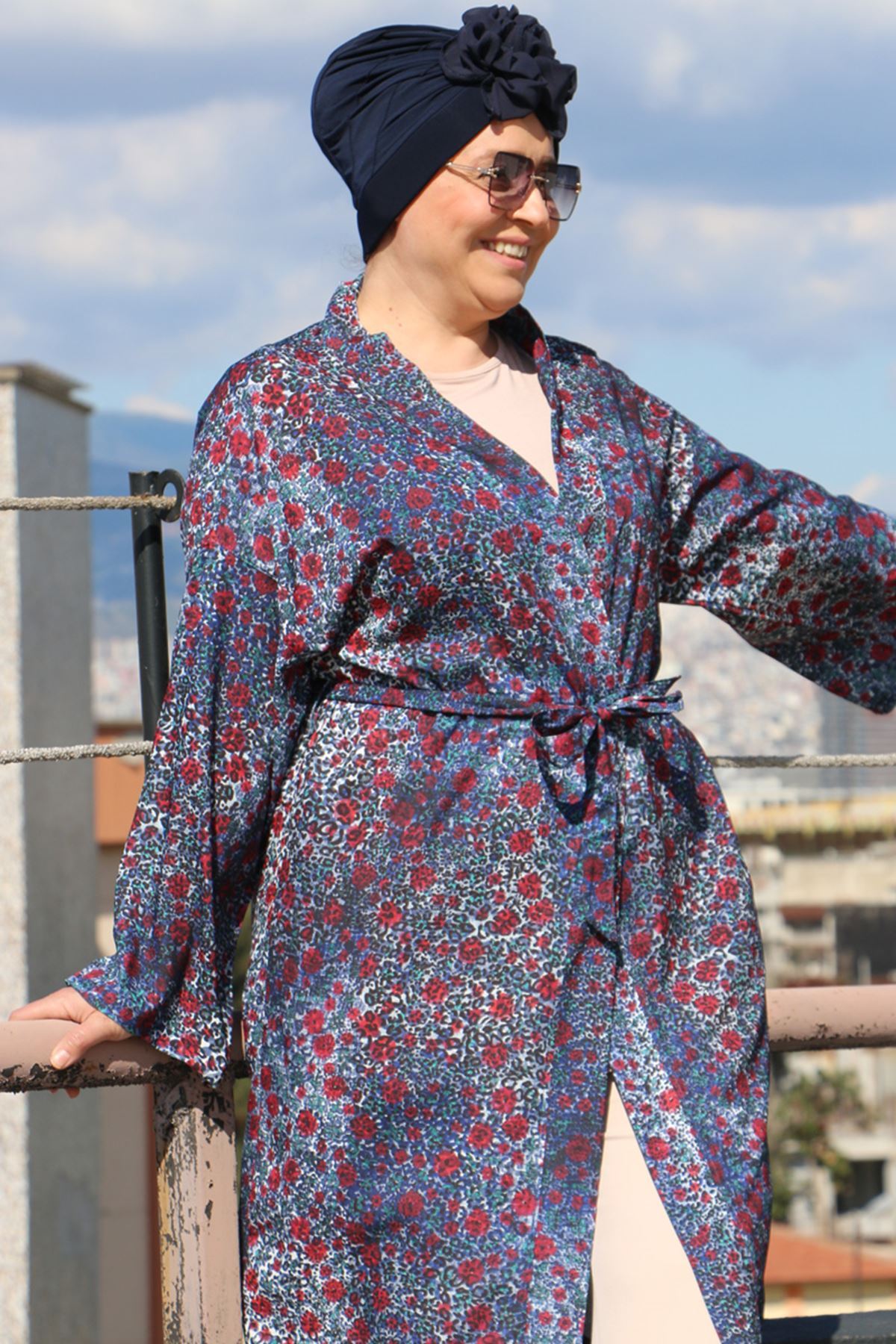 33013 Büyük Beden Desenli  Jesica  Kimono-Karma Desen İndigo
