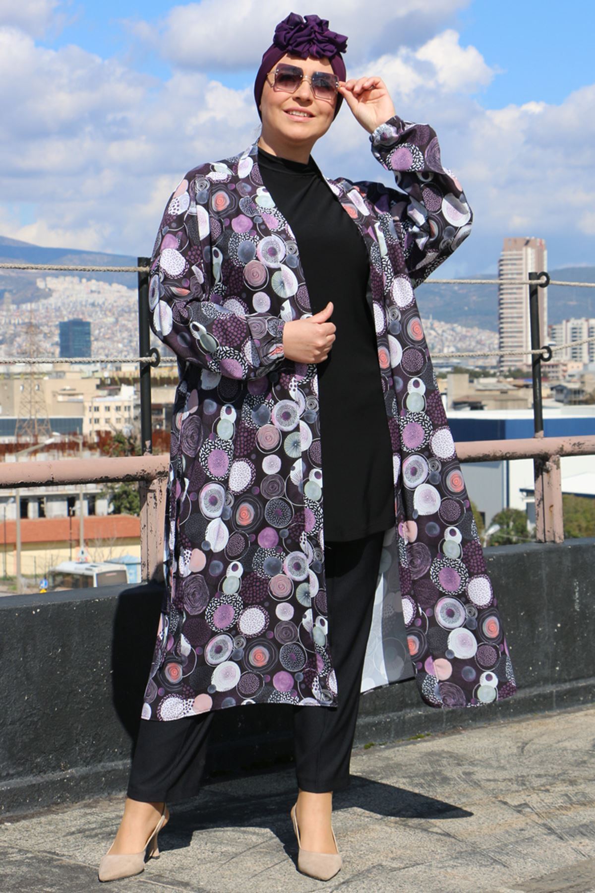 33014 Büyük Beden Desenli  Jesica Kolu Lastikli Kimono-Siyah Daire Desen