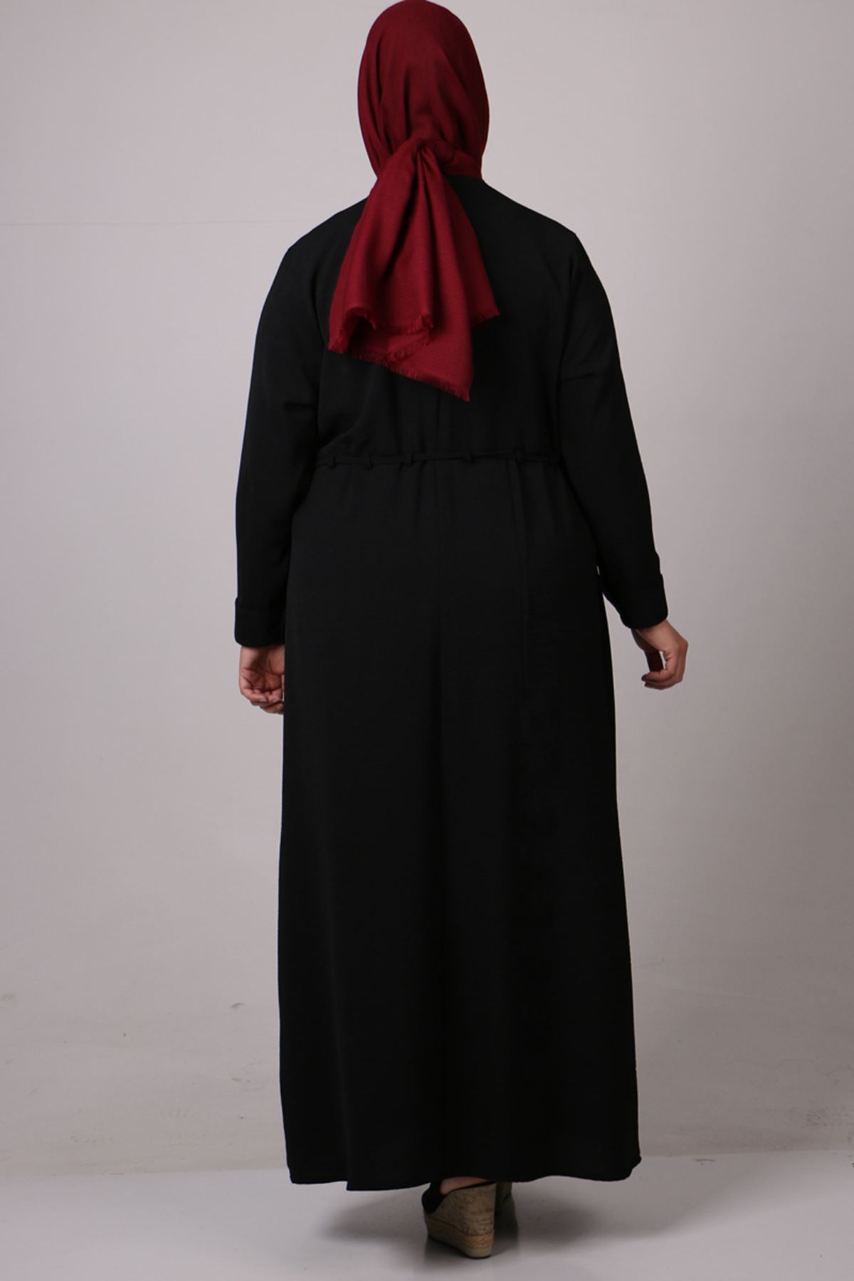 32008 Büyük Beden Beli Biye Kemerli Airobin Elbise -Siyah