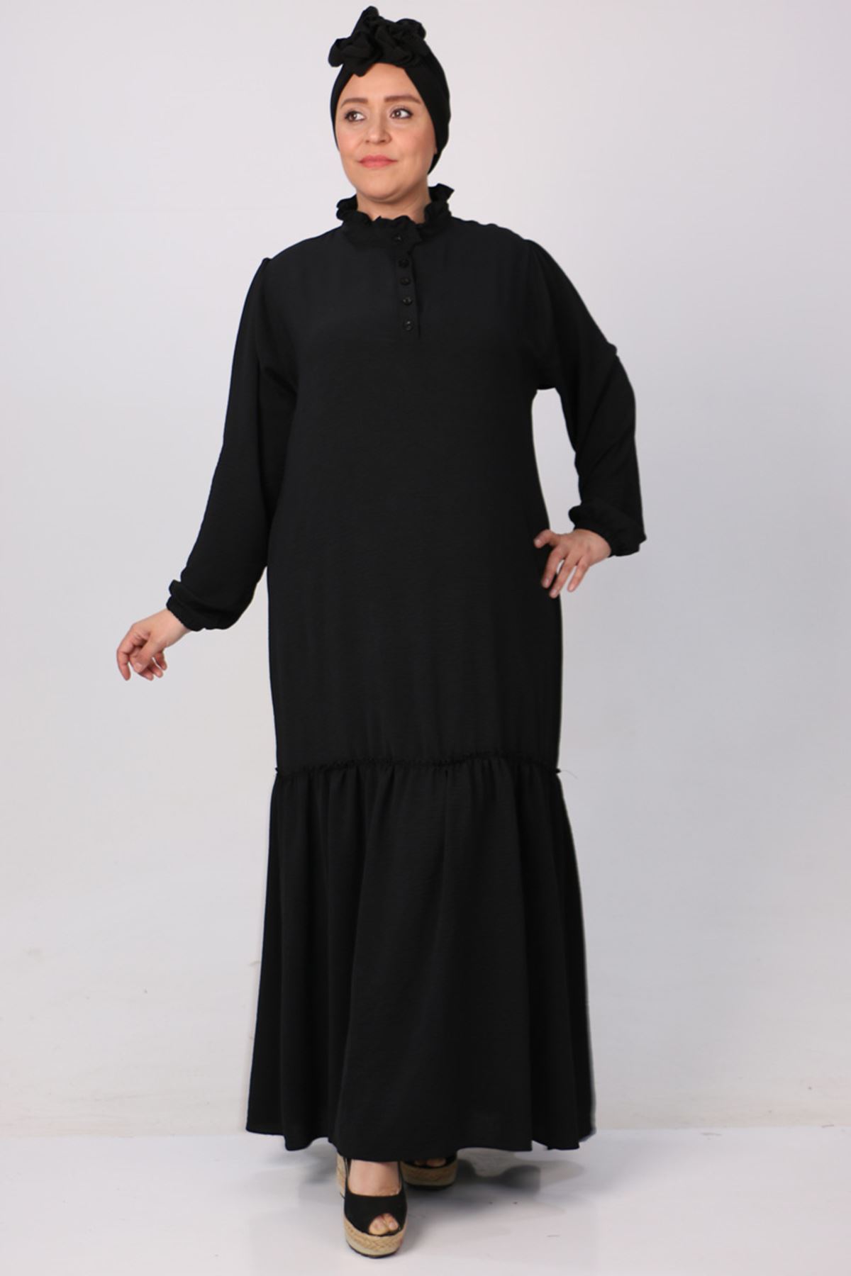 32000 Büyük Beden Fırfırlı Airobin Elbise - Siyah