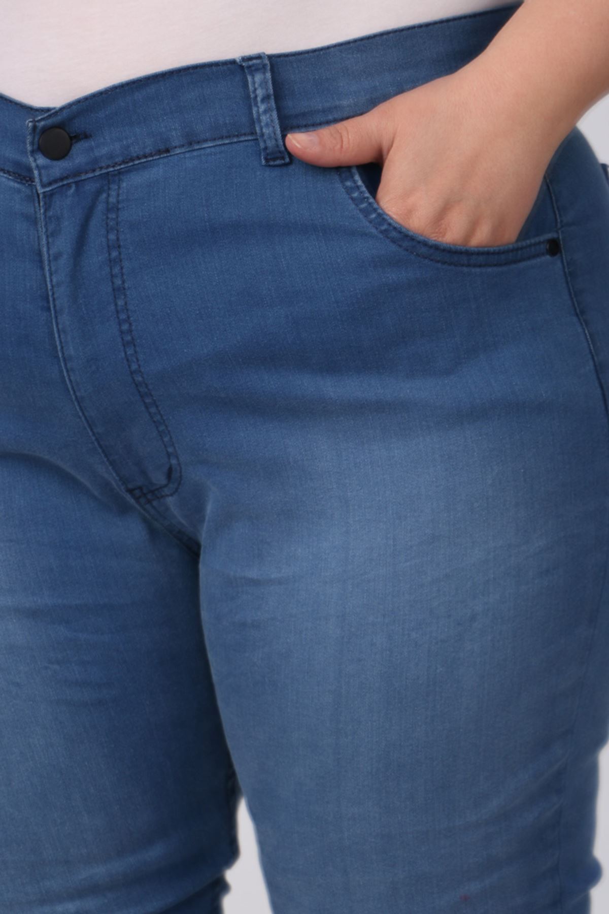 9183-4 Büyük Beden Dar Paça Uzun Boy Taşlamalı Kot Pantolon -Mavi