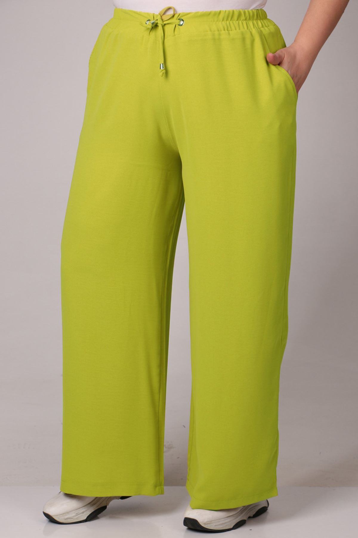 39004 Büyük Beden Bol Paça Burberry Pantolon-Yağ Yeşili