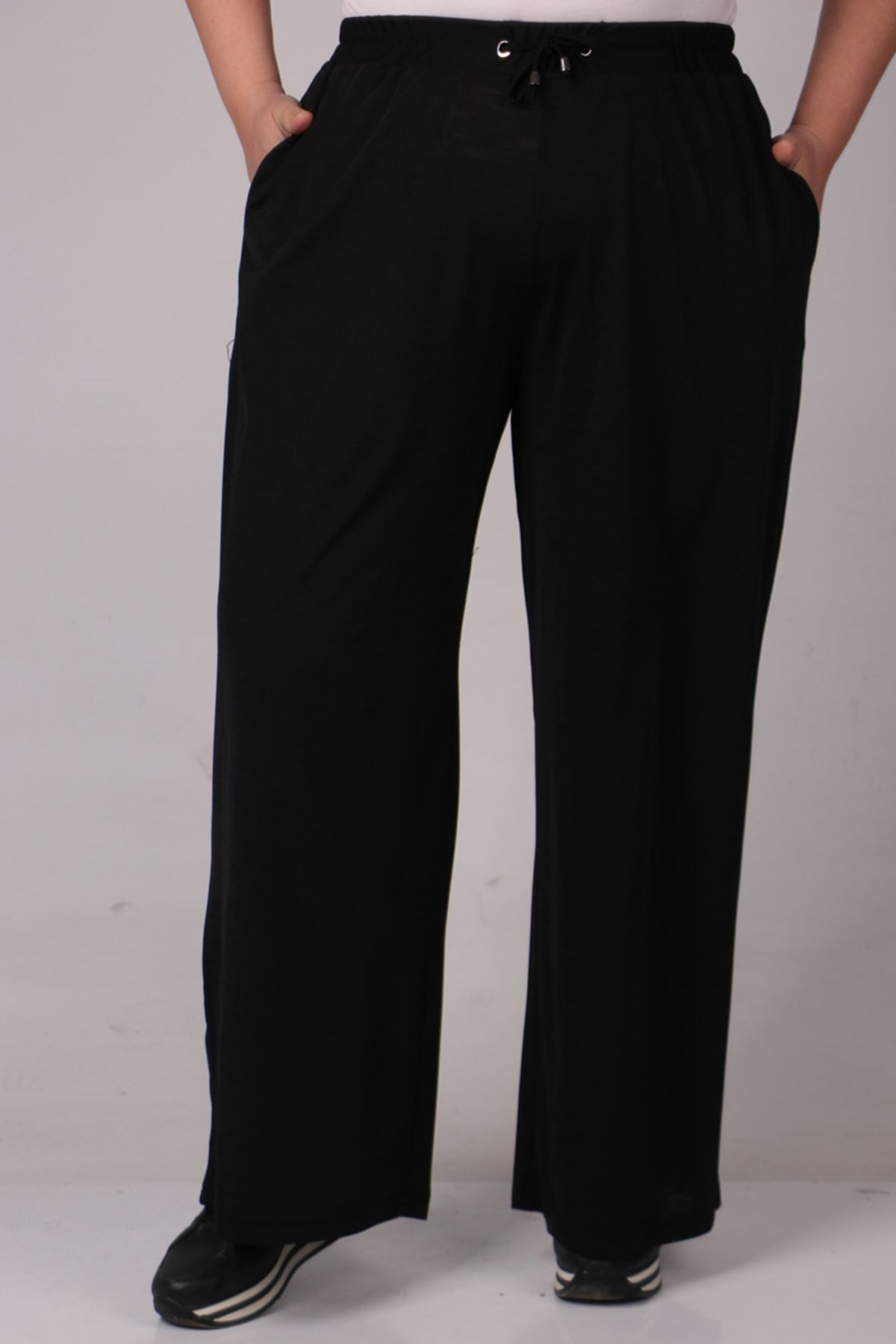 39010 Büyük Beden Yüksek Beli Lastikli Mina Krep Bol Paça Pantolon - Siyah