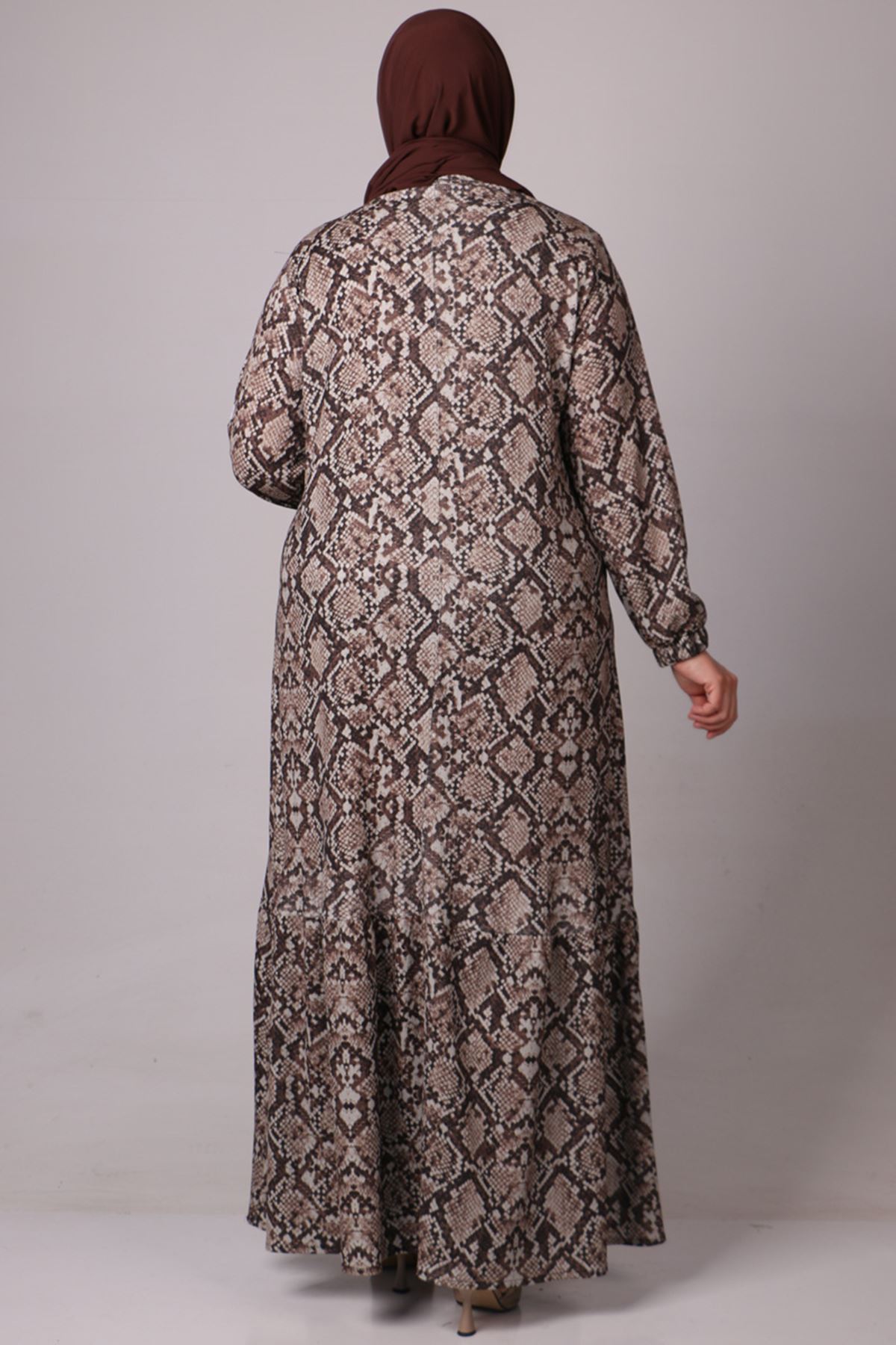 32024 Büyük Beden Etek Ucu Fırfırlı Bürümcük Elbise -Karma Desenli Kahverengi