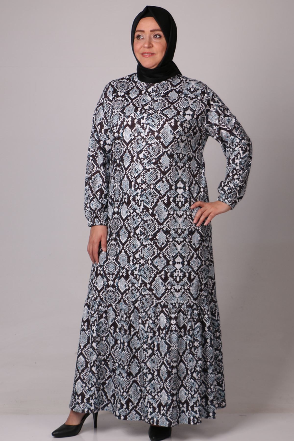 32024 Büyük Beden Etek Ucu Fırfırlı Bürümcük Elbise -Karma İndigo Desenli