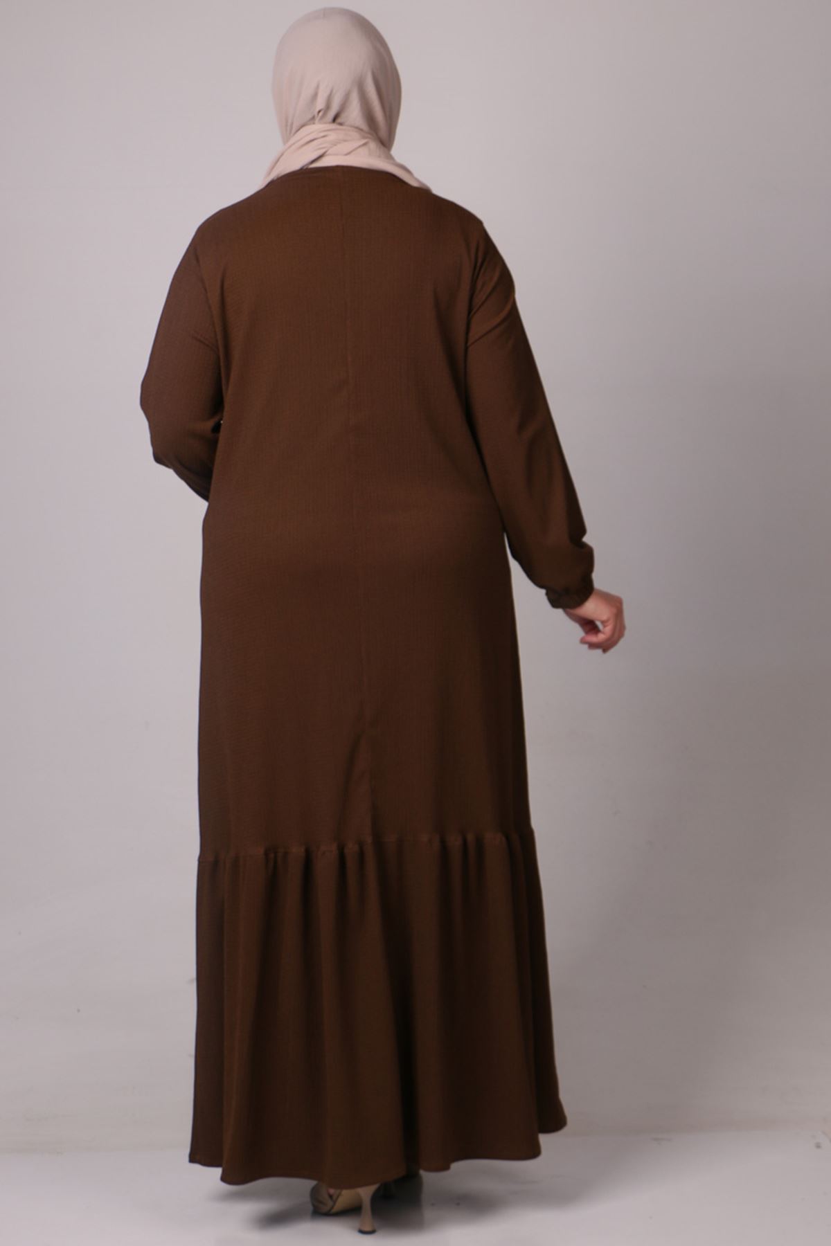 32024 Büyük Beden Etek Ucu Fırfırlı Bürümcük Elbise -Kahverengi