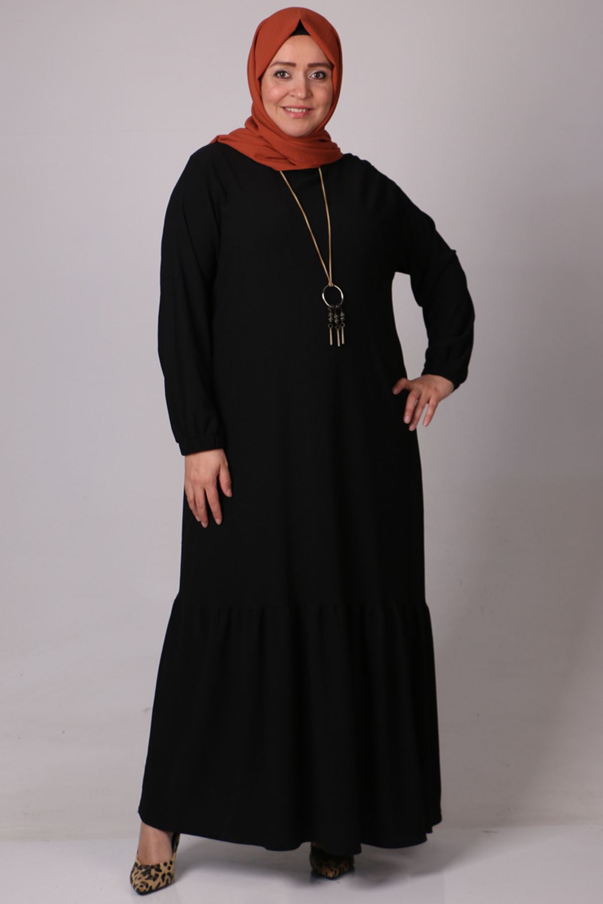 32024 Büyük Beden Etek Ucu Fırfırlı Bürümcük Elbise -Siyah