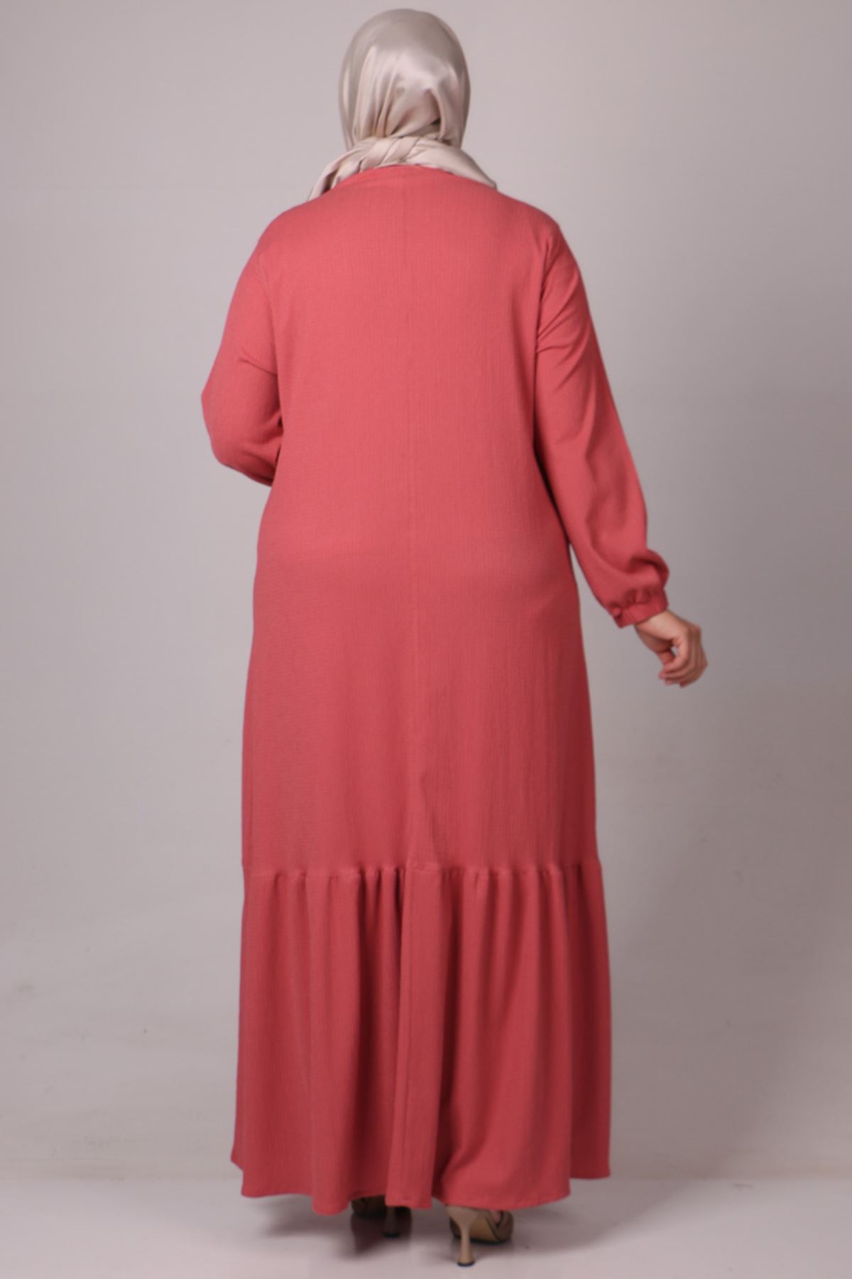 32024 Büyük Beden Etek Ucu Fırfırlı Bürümcük Elbise -Gül Kurusu