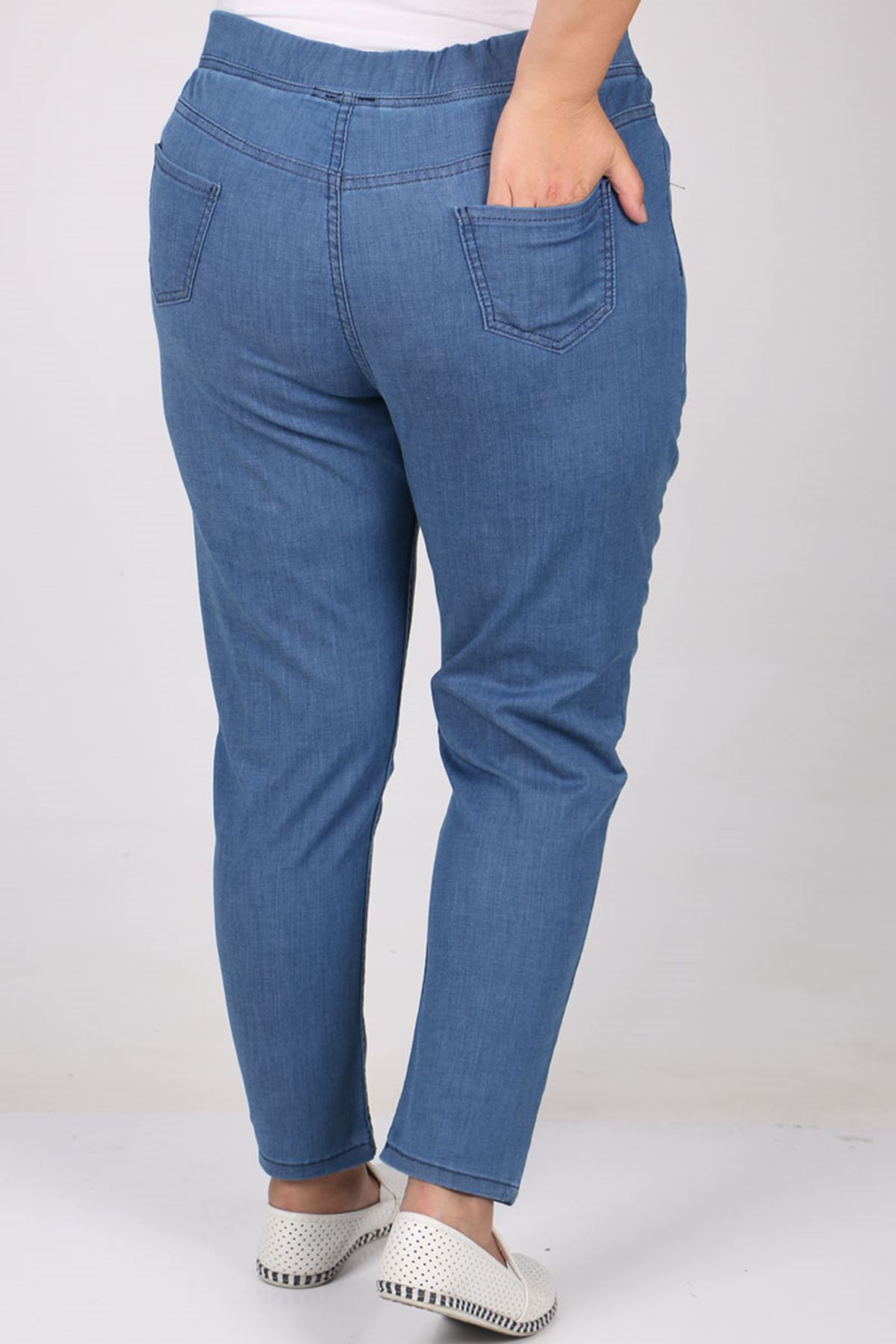 S-9109-16 Büyük Beden Beli Lastikli Dar Paça Kot Pantolon-Açık Mavi 