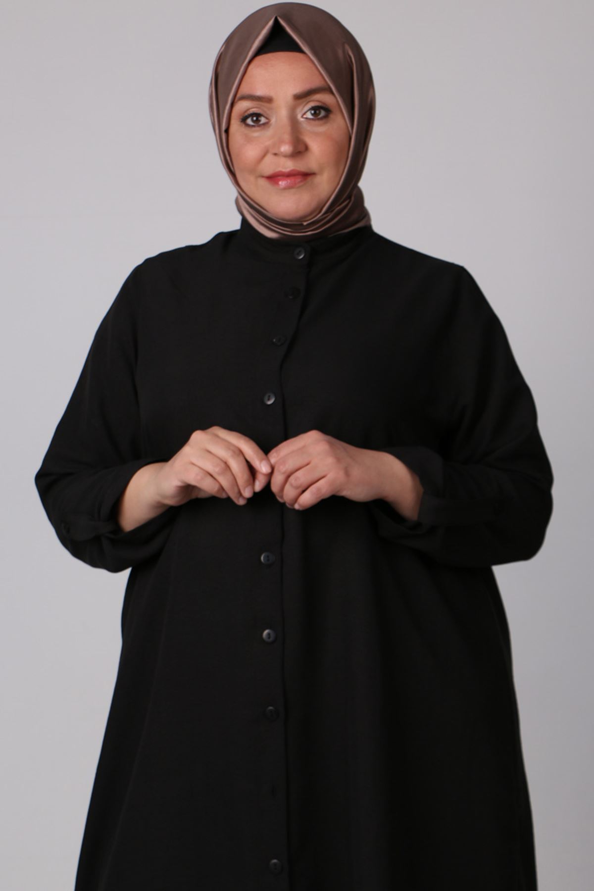 38043 Büyük Beden Hakim Yaka Mucize Gömlek Tunik -Siyah