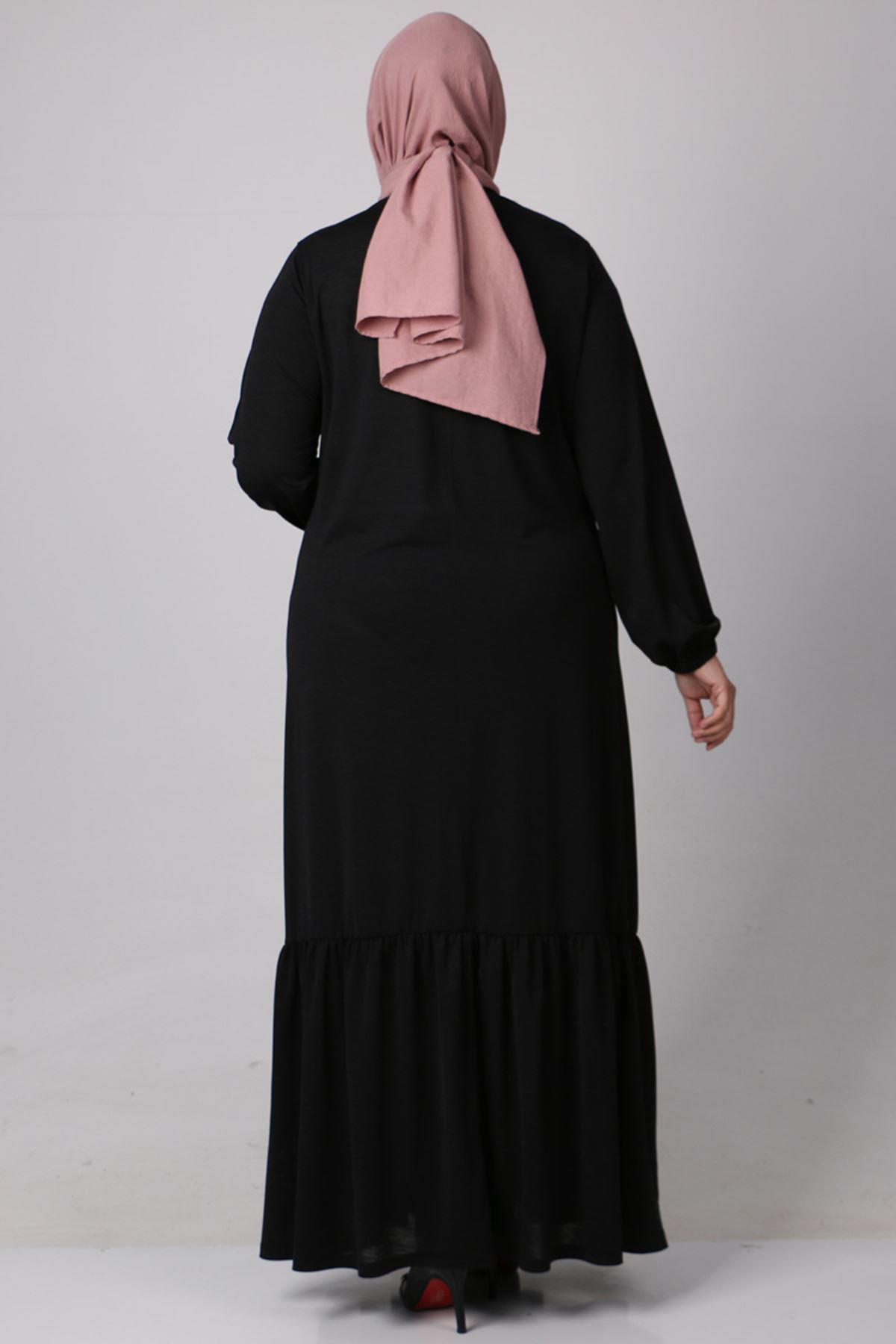 32026 Büyük Beden Eteği Büzgülü Mina Krep Elbise - Siyah