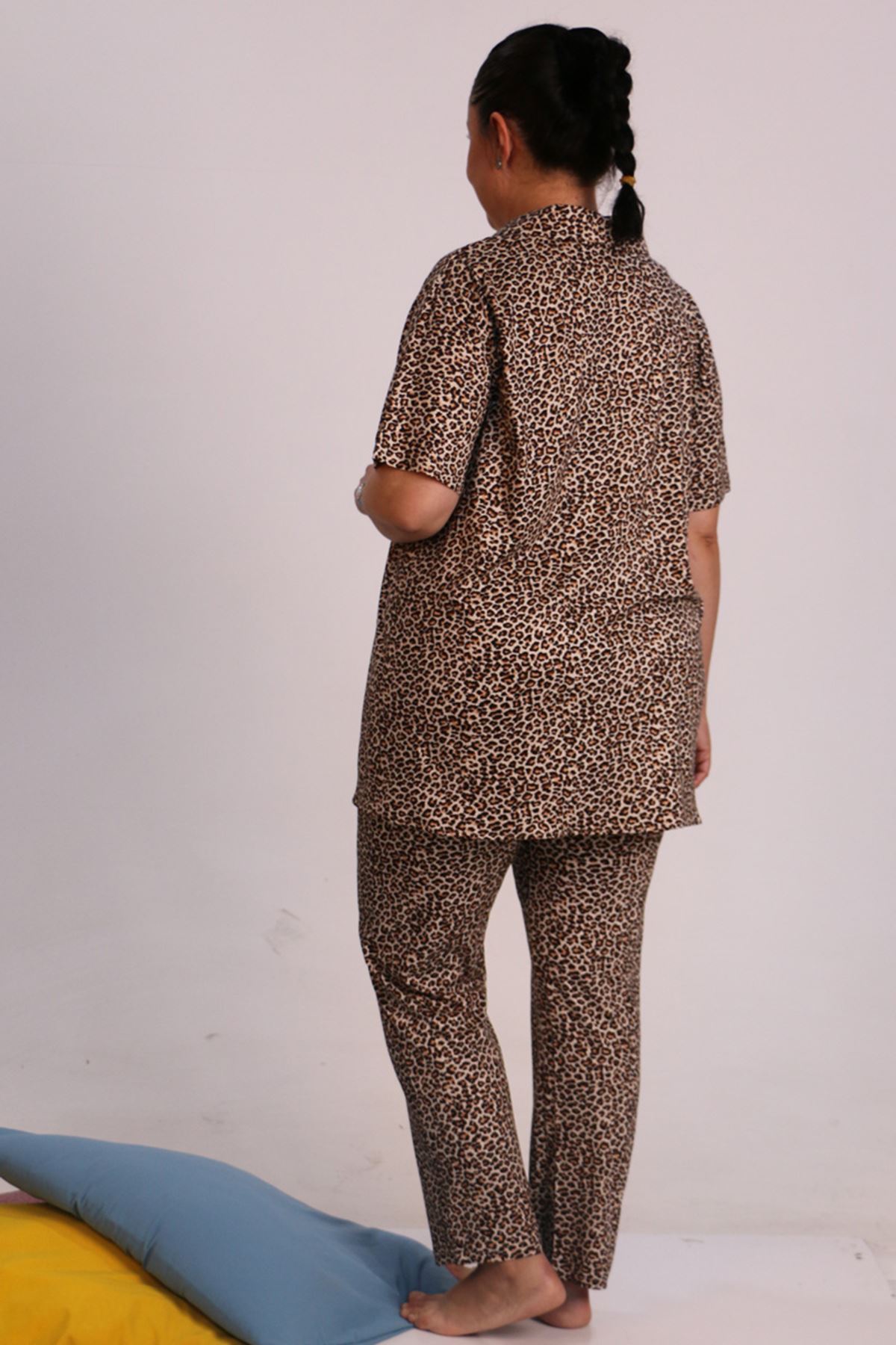 37801 Büyük Beden Desenli Penye Pijama Takımı - Leopar