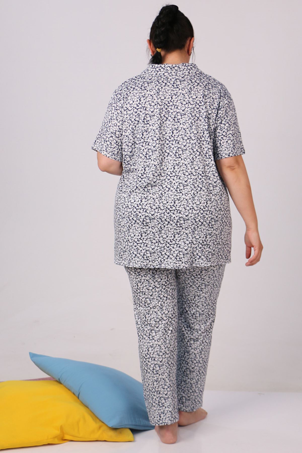 37801 Büyük Beden Desenli Penye Pijama Takımı - Lacivert