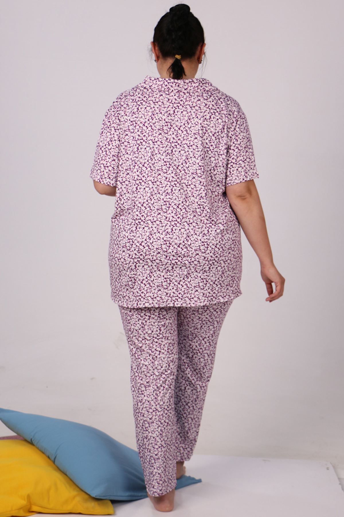 37801 Büyük Beden Desenli Penye Pijama Takımı - Mürdüm