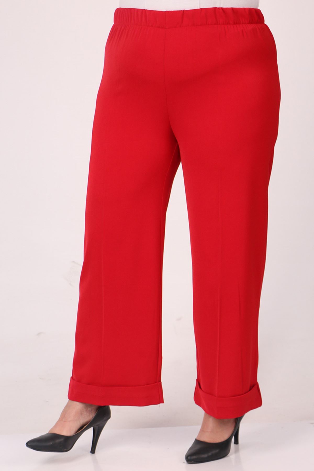 39022 Büyük Beden Beli Lastikli Duble Paça Pantolon - Kırmızı