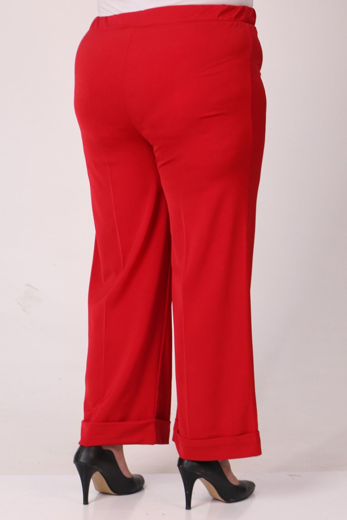 39022 Büyük Beden Beli Lastikli Duble Paça Pantolon - Kırmızı