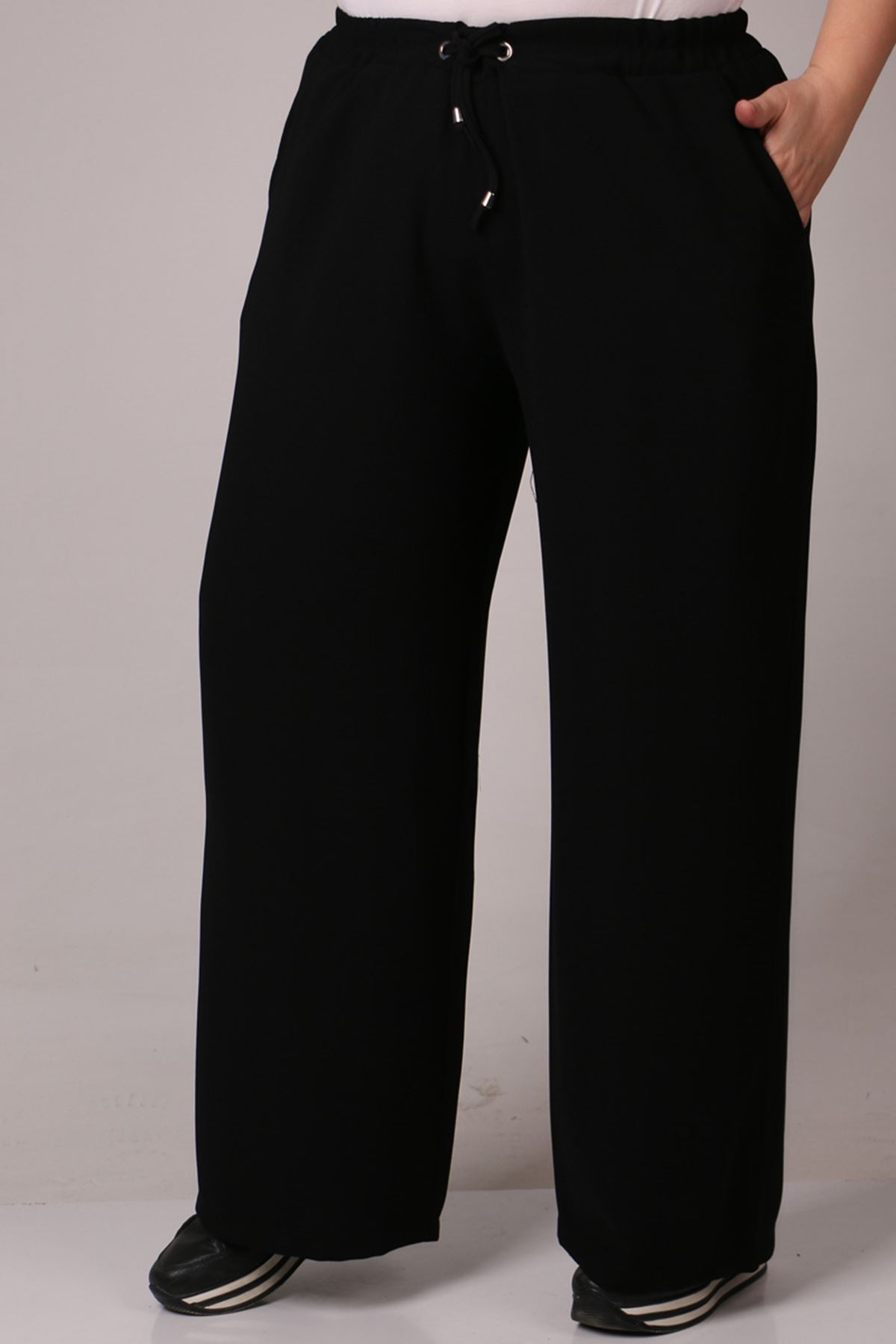 39007 Büyük Beden Beli Lastikli Bol Paça Çift Kat Krep Pantolon - Siyah