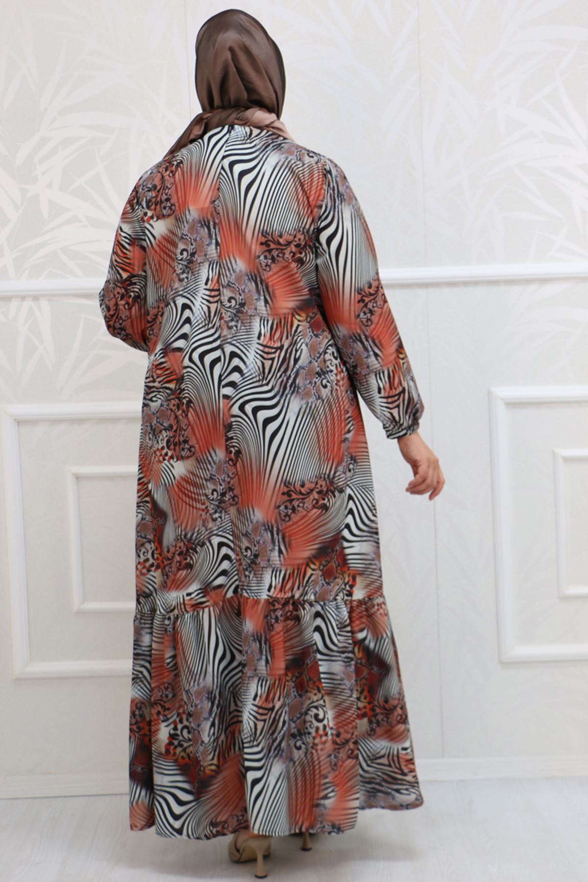 32041 Büyük Beden Eteği Fırfırlı Desenli Jesica Elbise-Zebra Desen Kahve