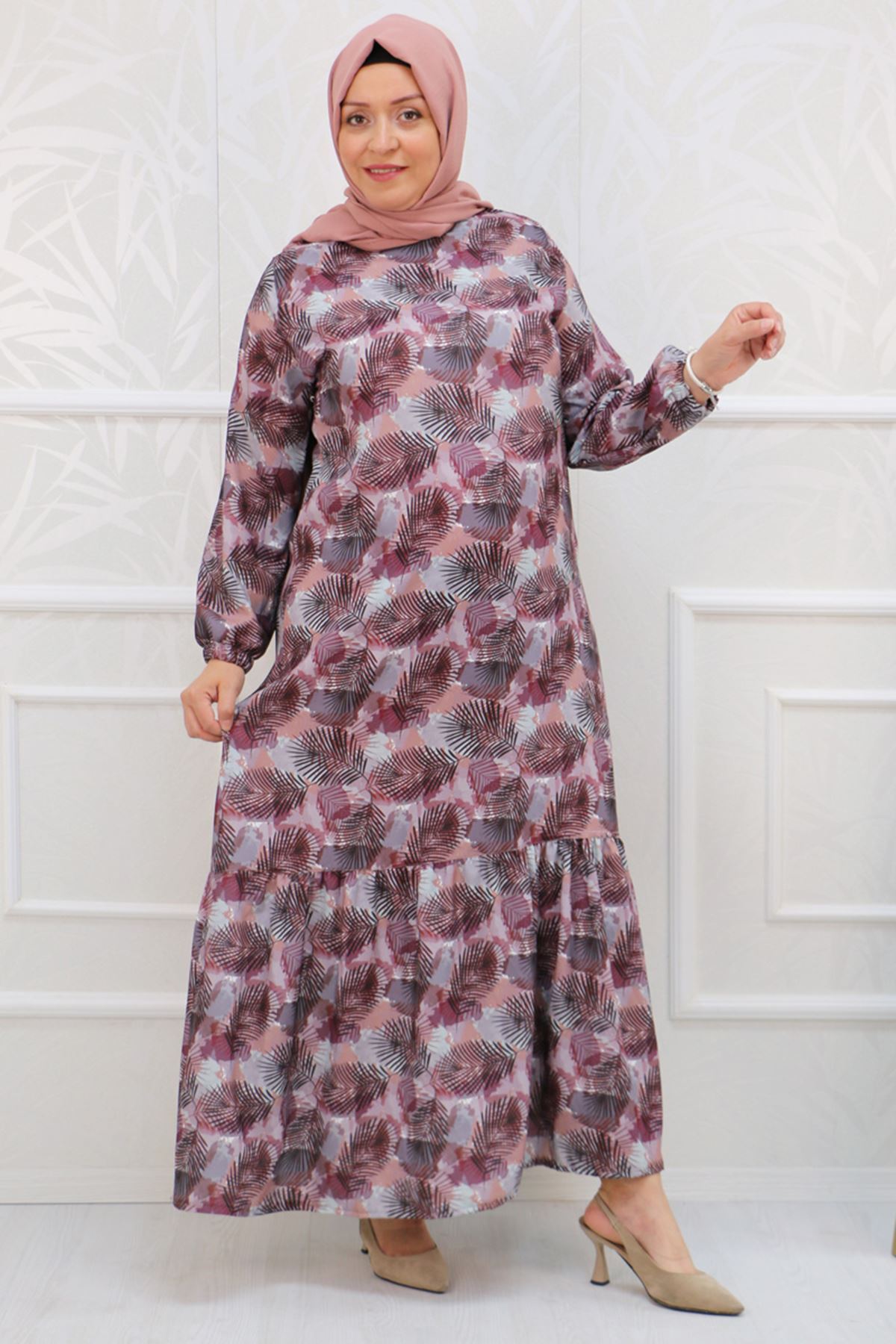 32041 Büyük Beden Eteği Fırfırlı Desenli Jesica Elbise-Yaprak Desen Mor