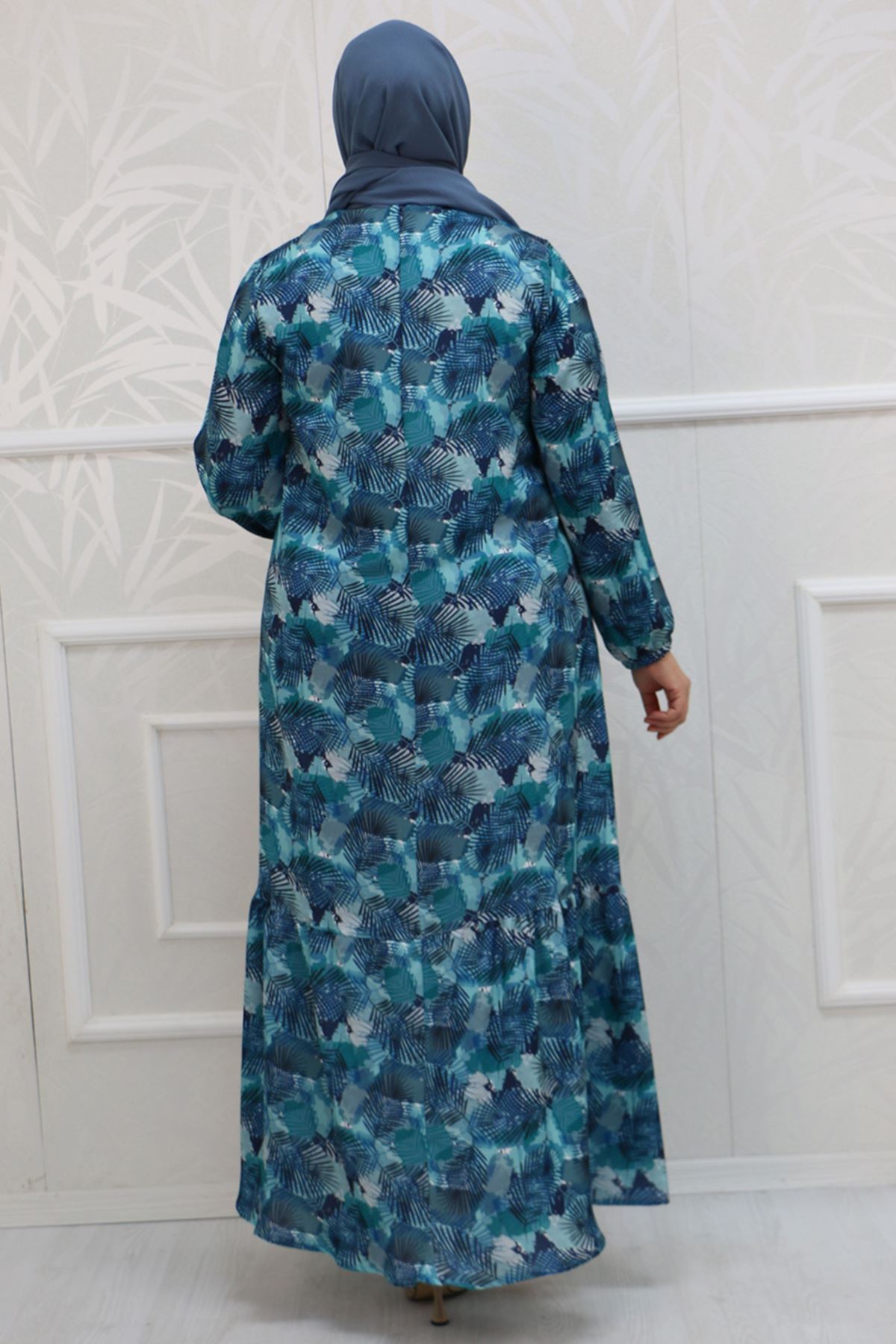 32041 Büyük Beden Eteği Fırfırlı Desenli Jesica Elbise-Yaprak Desen Turkuaz