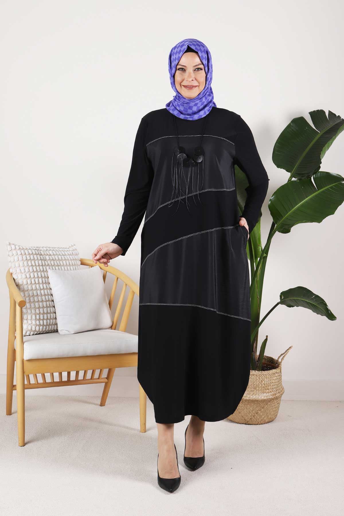 S-Büyük Beden Tesettür Sandy Kolyeli Elbise 7510 Siyah