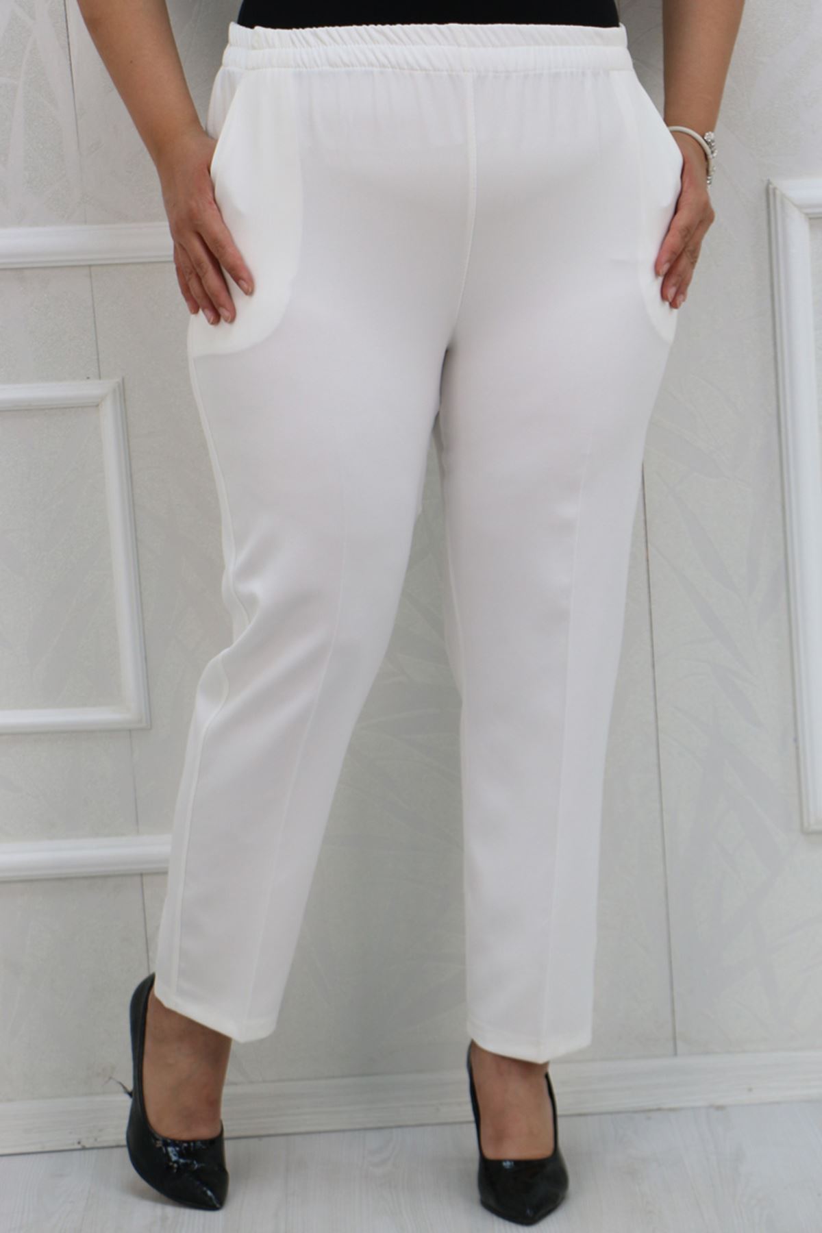 29020 Büyük Beden Beli Lastikli Boru Paça En Boy Pantolon - Beyaz