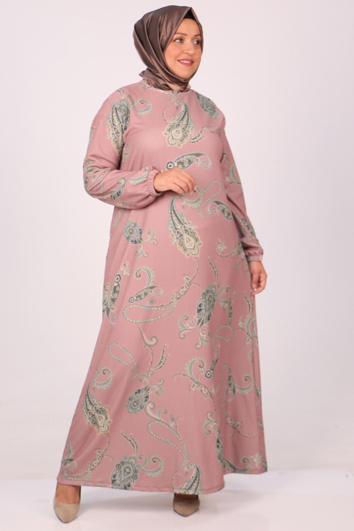 32025 Büyük Beden Bürümcük Elbise -Etnik Desen Pudra