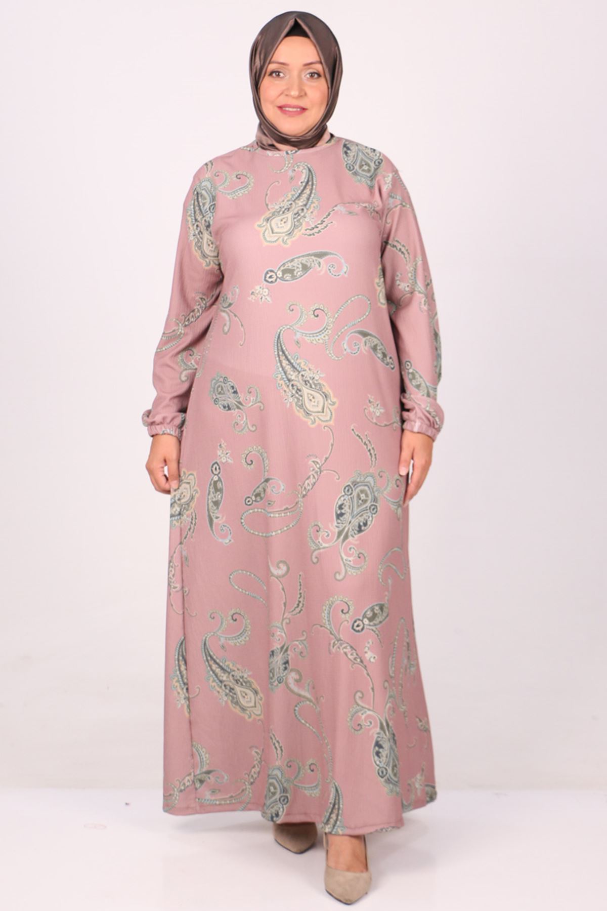 32025 Büyük Beden Bürümcük Elbise -Etnik Desen Pudra