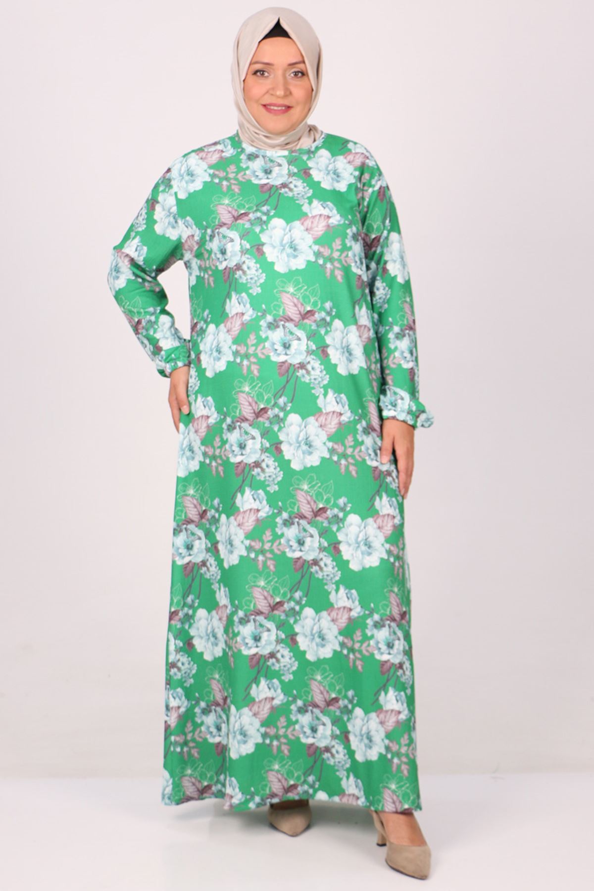 32025 Büyük Beden Bürümcük Elbise -Çiçek Desenli Benetton