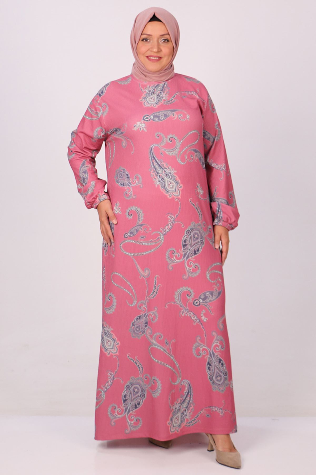 32025 Büyük Beden Bürümcük Elbise -Etnik Desen Pembe