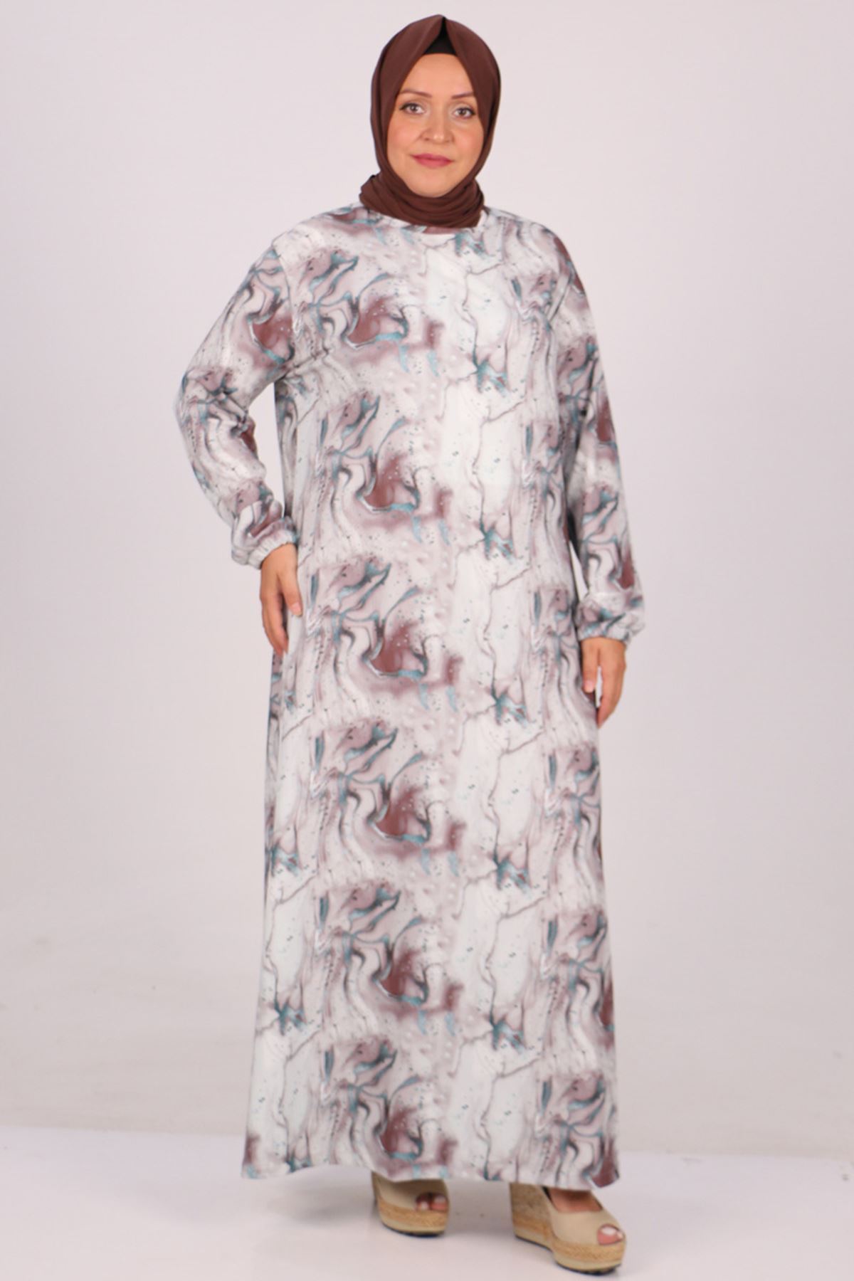 32025 Büyük Beden Bürümcük Elbise -Desenli Bej